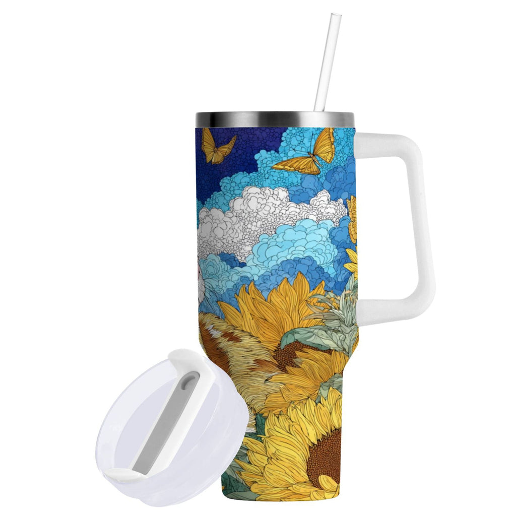 40 oz Insulated Stainless Steel Tumbler Double Wall Stainless Steel Tumbler with 2-Way Drinking Cat Lies in The Sunflowers RTSI
