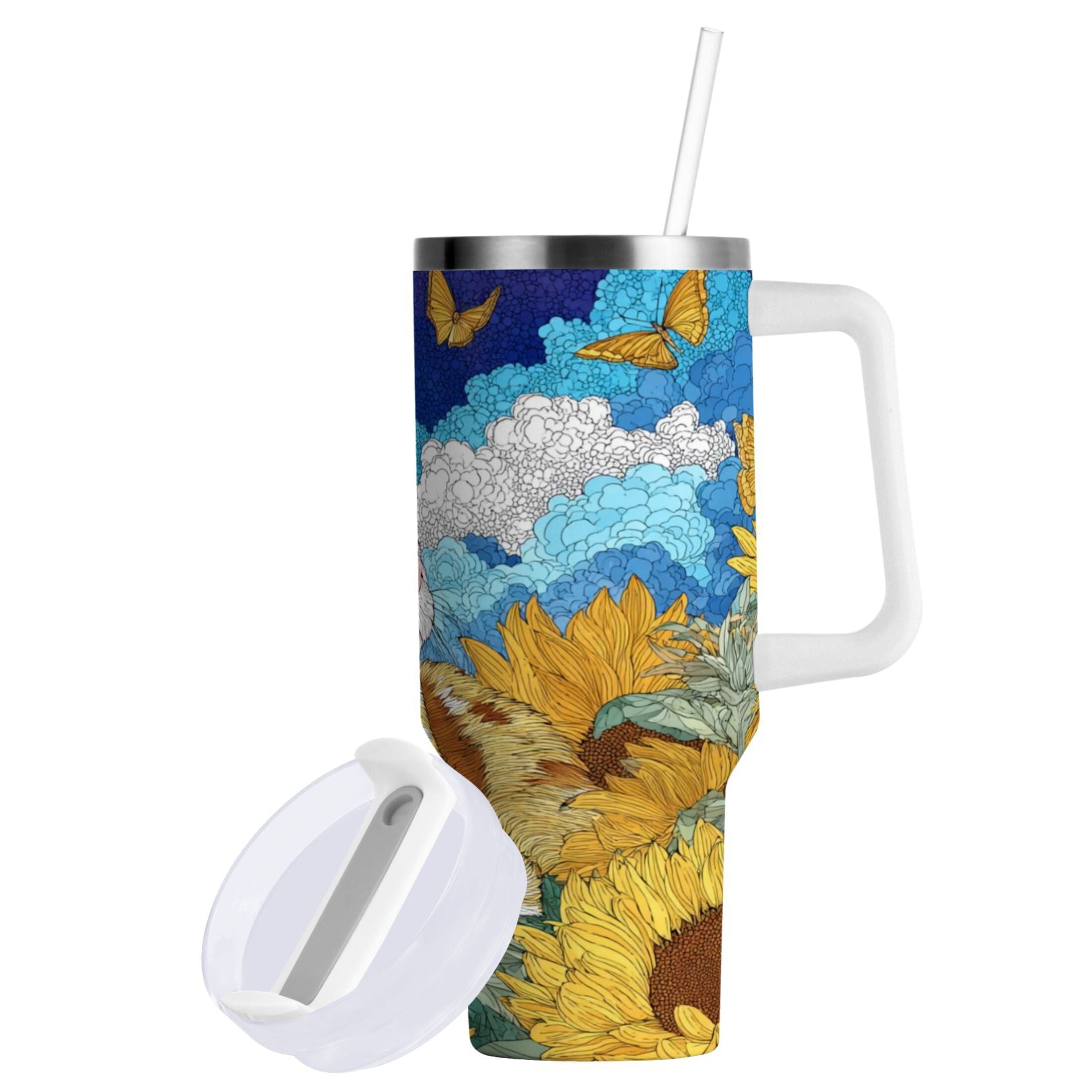 40 oz Insulated Stainless Steel Tumbler Double Wall Stainless Steel Tumbler with 2-Way Drinking Cat Lies in The Sunflowers RTSI