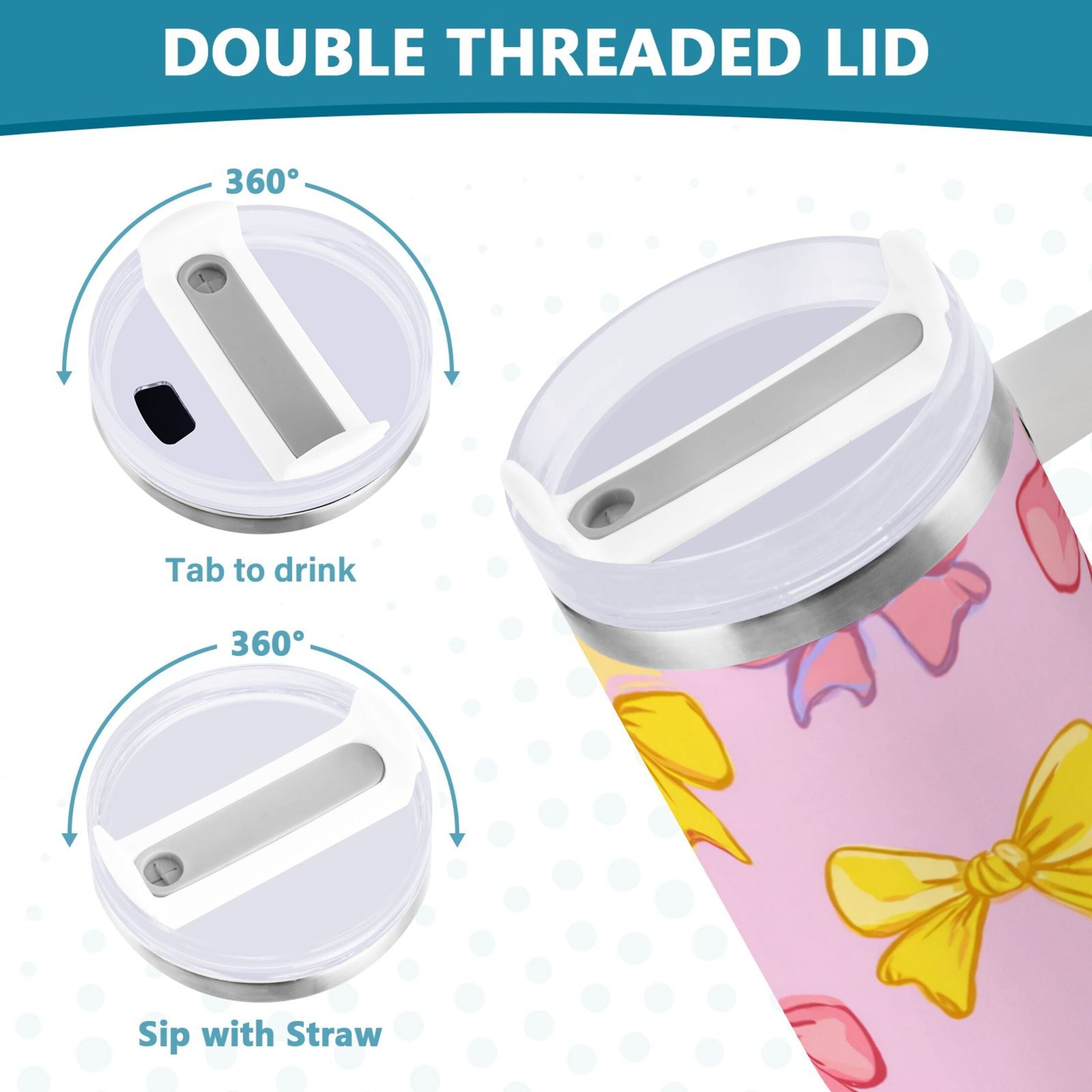30 oz Insulated Stainless Steel Tumbler Double Wall Stainless Steel Tumbler with 2-Way Drinking Yellow and Pink Bows RW6H