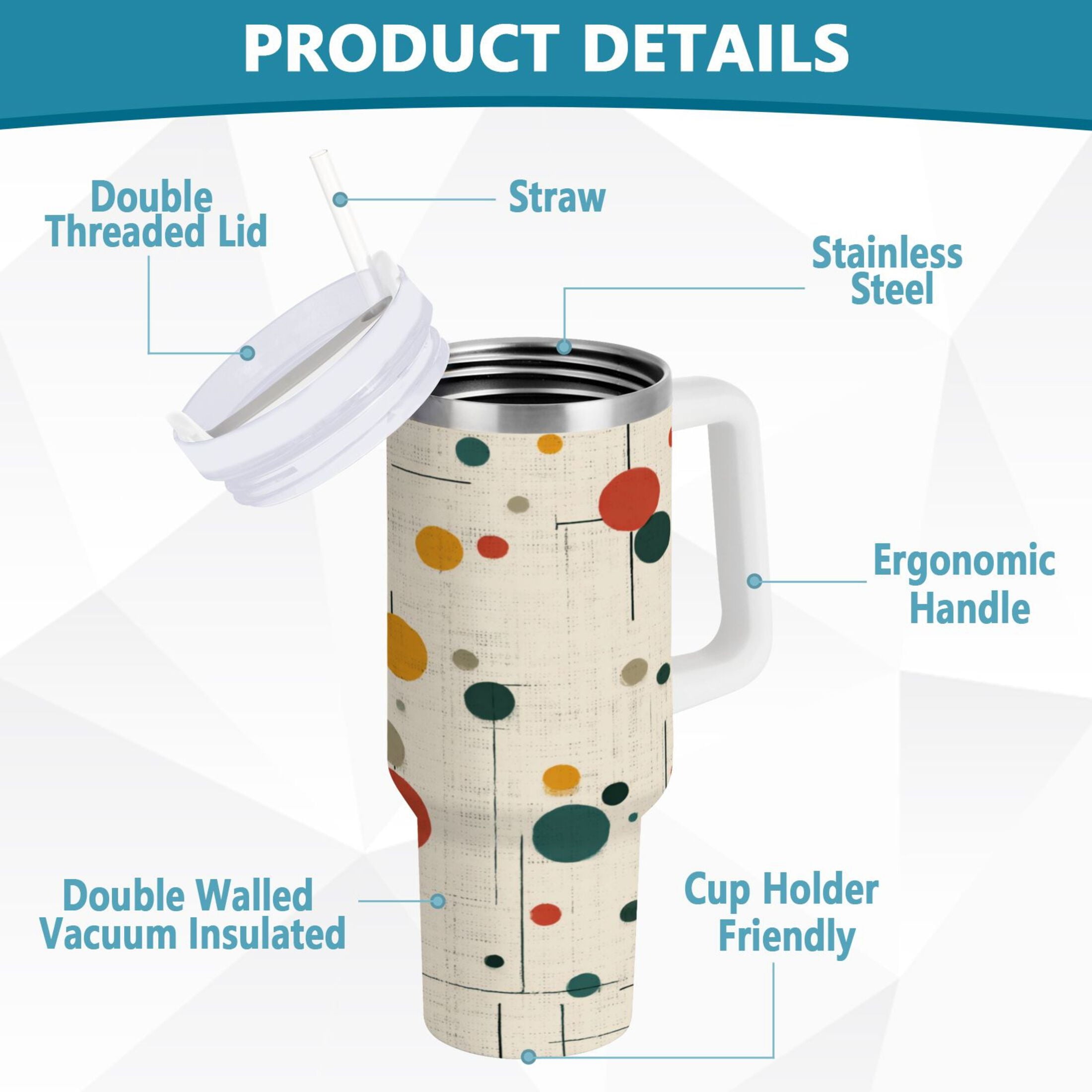 30 oz Insulated Stainless Steel Tumbler Double Wall Stainless Steel Tumbler with 2-Way Drinking Colorful Dots and Lines WBHQ