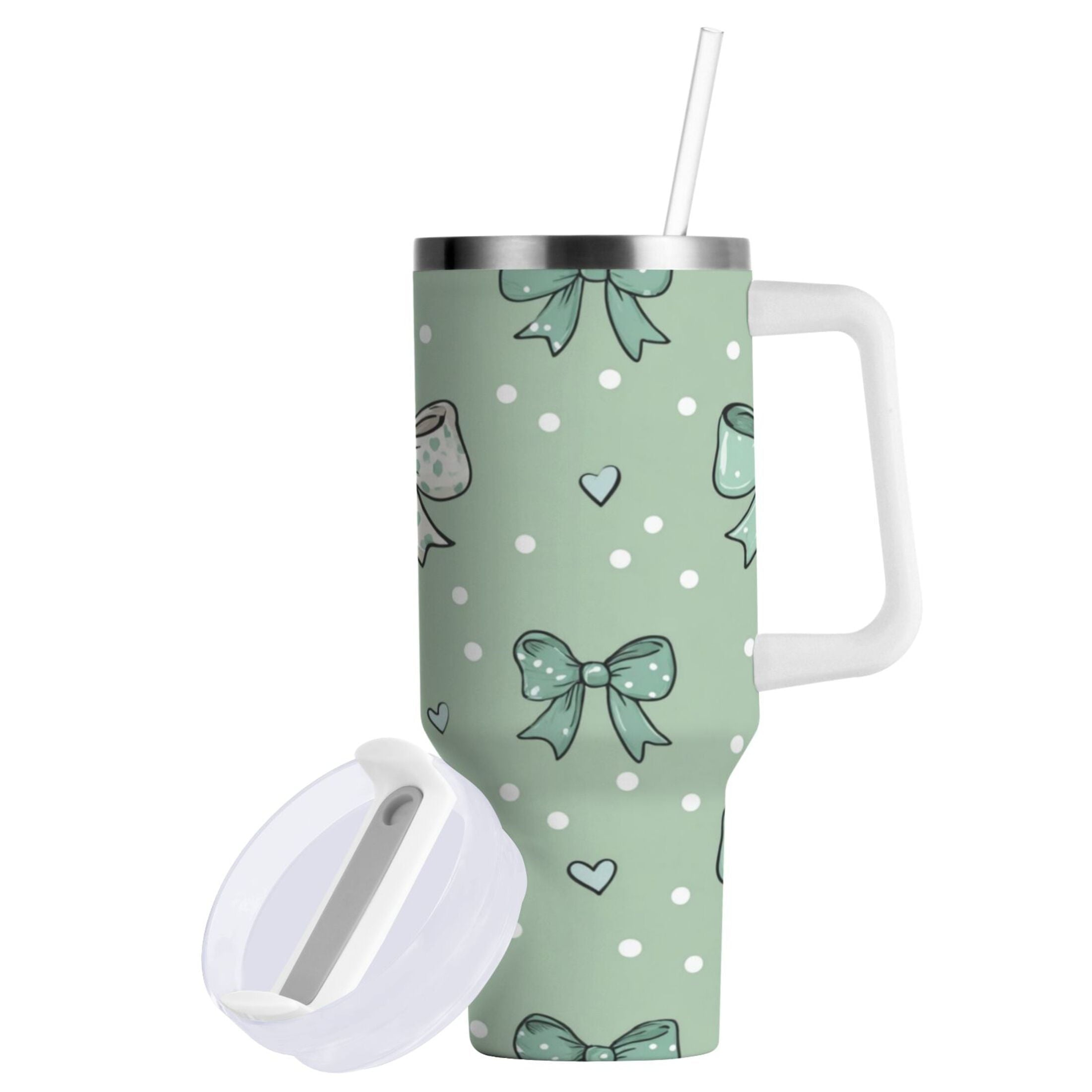 30 oz Insulated Stainless Steel Tumbler Double Wall Stainless Steel Tumbler with 2-Way Drinking Green and Mint Bows ISJ6