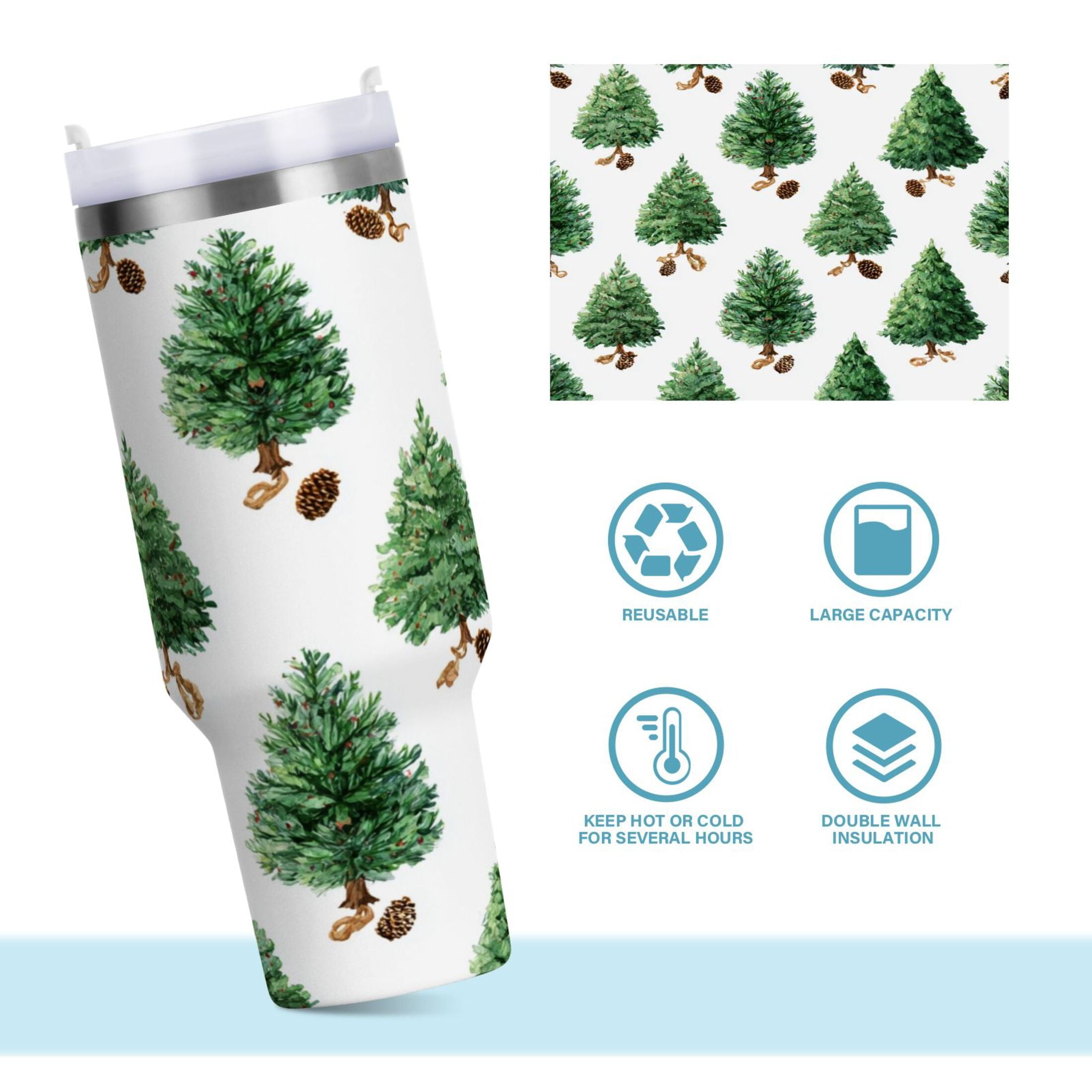 30 oz Insulated Stainless Steel Tumbler Double Wall Stainless Steel Tumbler with 2-Way Drinking Watercolor Green Christmas Tree PAN6
