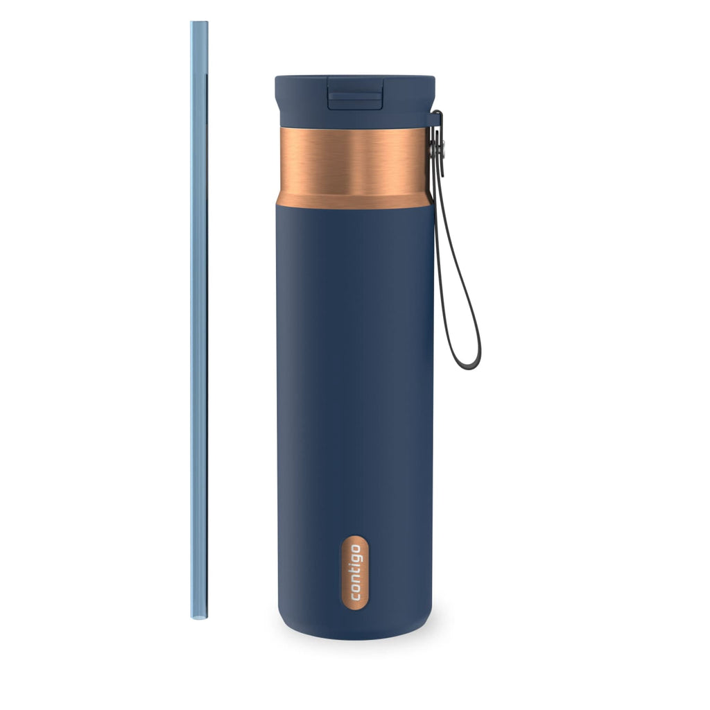 Contigo SnapSeal Leakproof Stainless Steel Reusable Water Bottle with Carrying Strap, Dark Blue/Bronze, 24 oz 6GVN