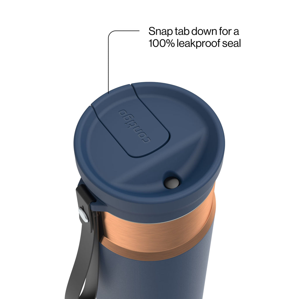 Contigo SnapSeal Leakproof Stainless Steel Reusable Water Bottle with Carrying Strap, Dark Blue/Bronze, 24 oz 6GVN