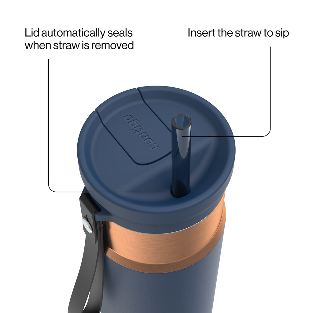 Contigo SnapSeal Leakproof Stainless Steel Reusable Water Bottle with Carrying Strap, Dark Blue/Bronze, 24 oz 6GVN