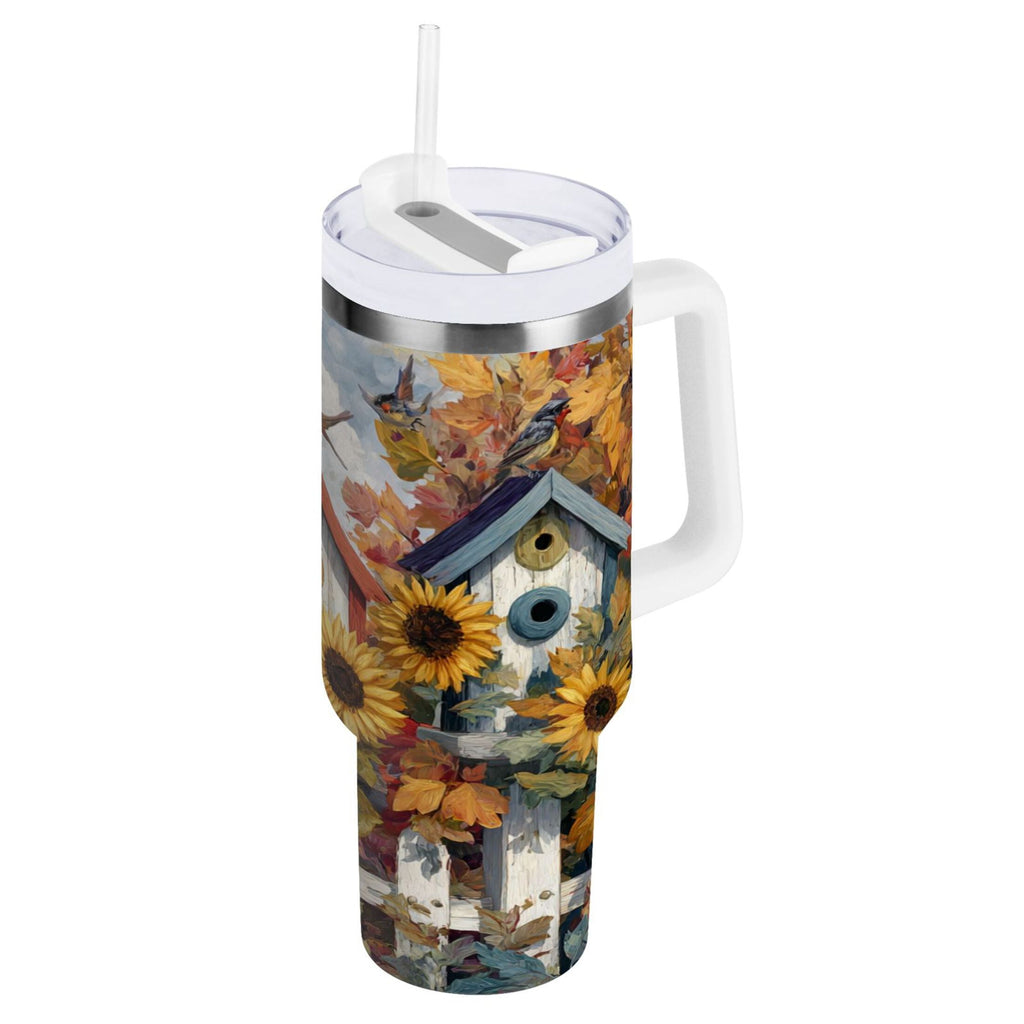 30 oz Insulated Stainless Steel Tumbler Double Wall Stainless Steel Tumbler with 2-Way Drinking Birdhouses with Sunflowers N1J5