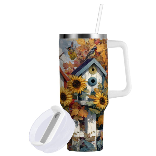 30 oz Insulated Stainless Steel Tumbler Double Wall Stainless Steel Tumbler with 2-Way Drinking Birdhouses with Sunflowers N1J5