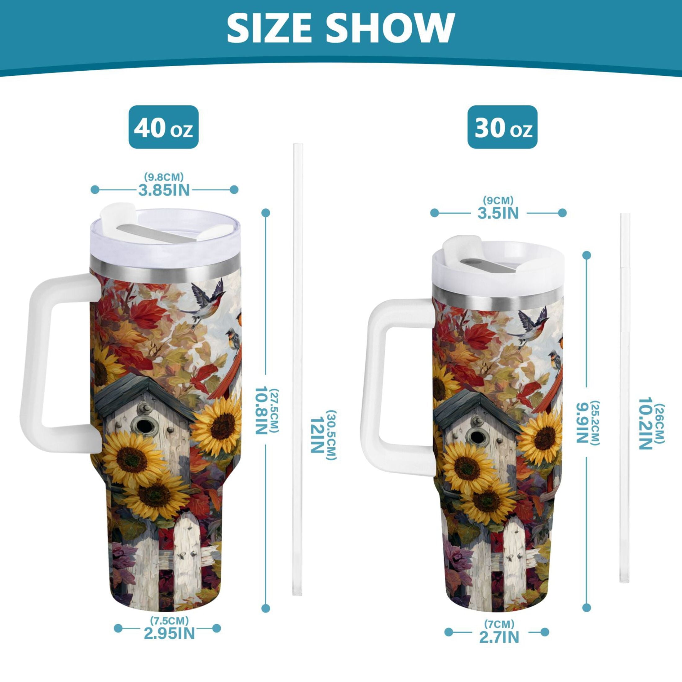 30 oz Insulated Stainless Steel Tumbler Double Wall Stainless Steel Tumbler with 2-Way Drinking Birdhouses with Sunflowers N1J5