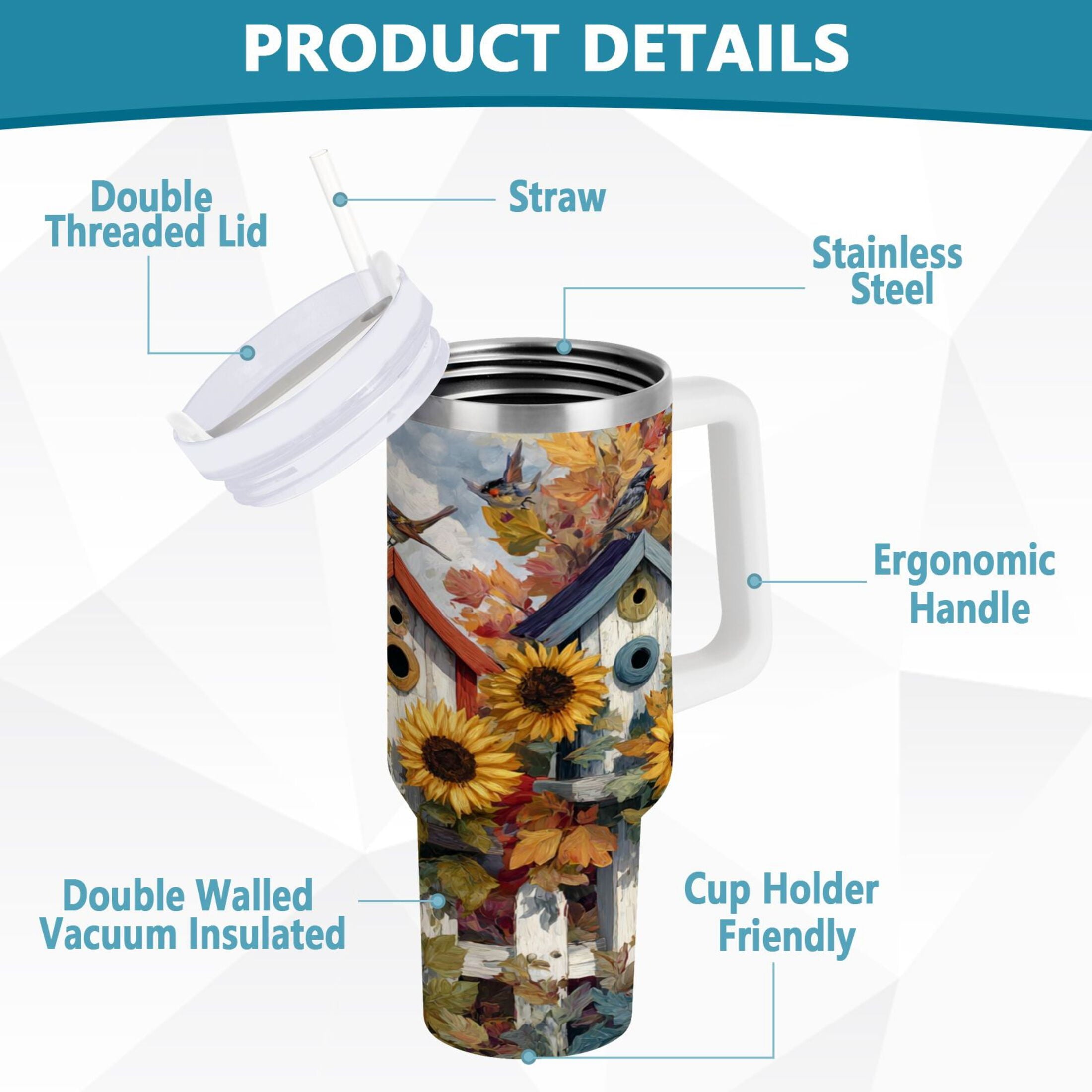 30 oz Insulated Stainless Steel Tumbler Double Wall Stainless Steel Tumbler with 2-Way Drinking Birdhouses with Sunflowers N1J5