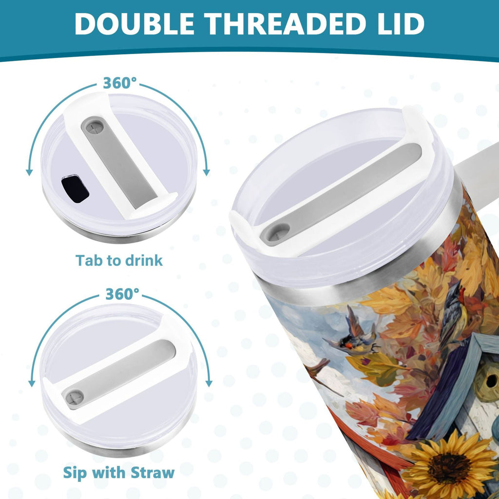 30 oz Insulated Stainless Steel Tumbler Double Wall Stainless Steel Tumbler with 2-Way Drinking Birdhouses with Sunflowers N1J5