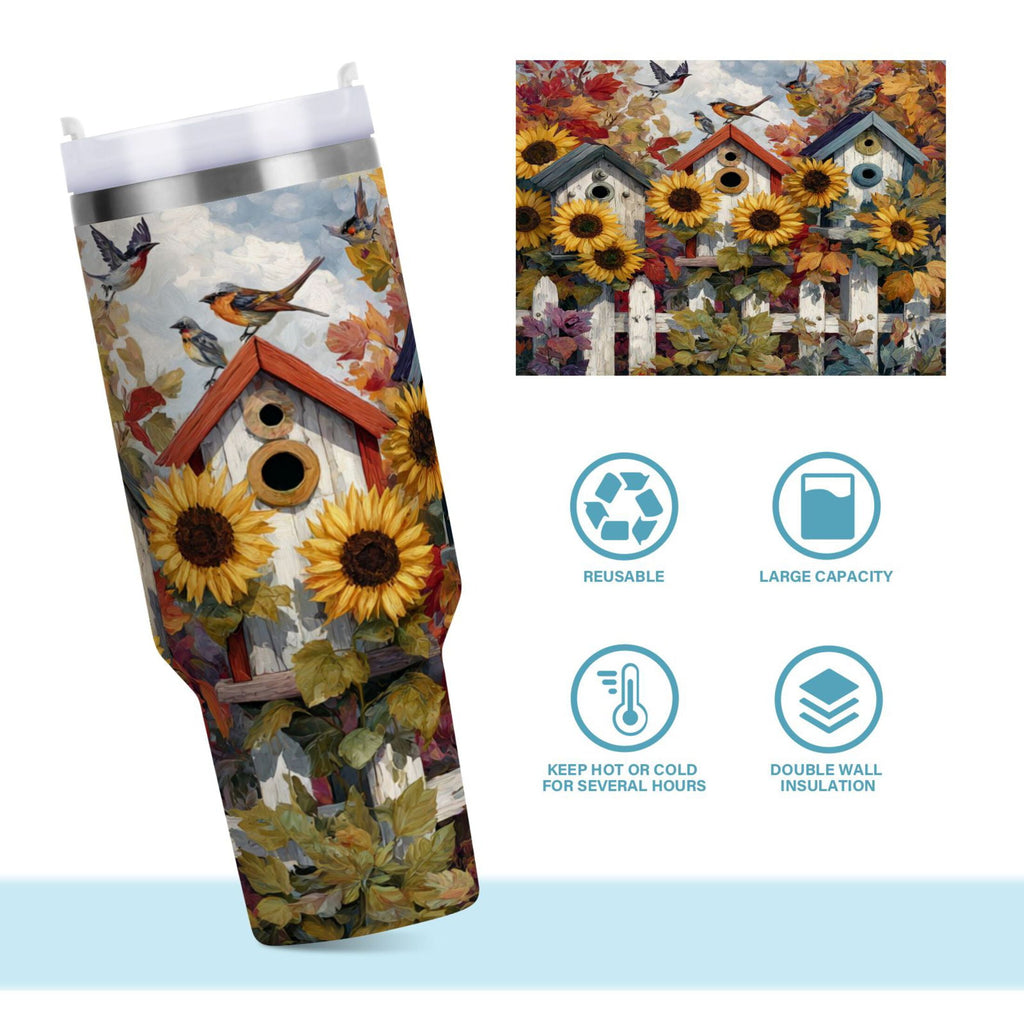 30 oz Insulated Stainless Steel Tumbler Double Wall Stainless Steel Tumbler with 2-Way Drinking Birdhouses with Sunflowers N1J5
