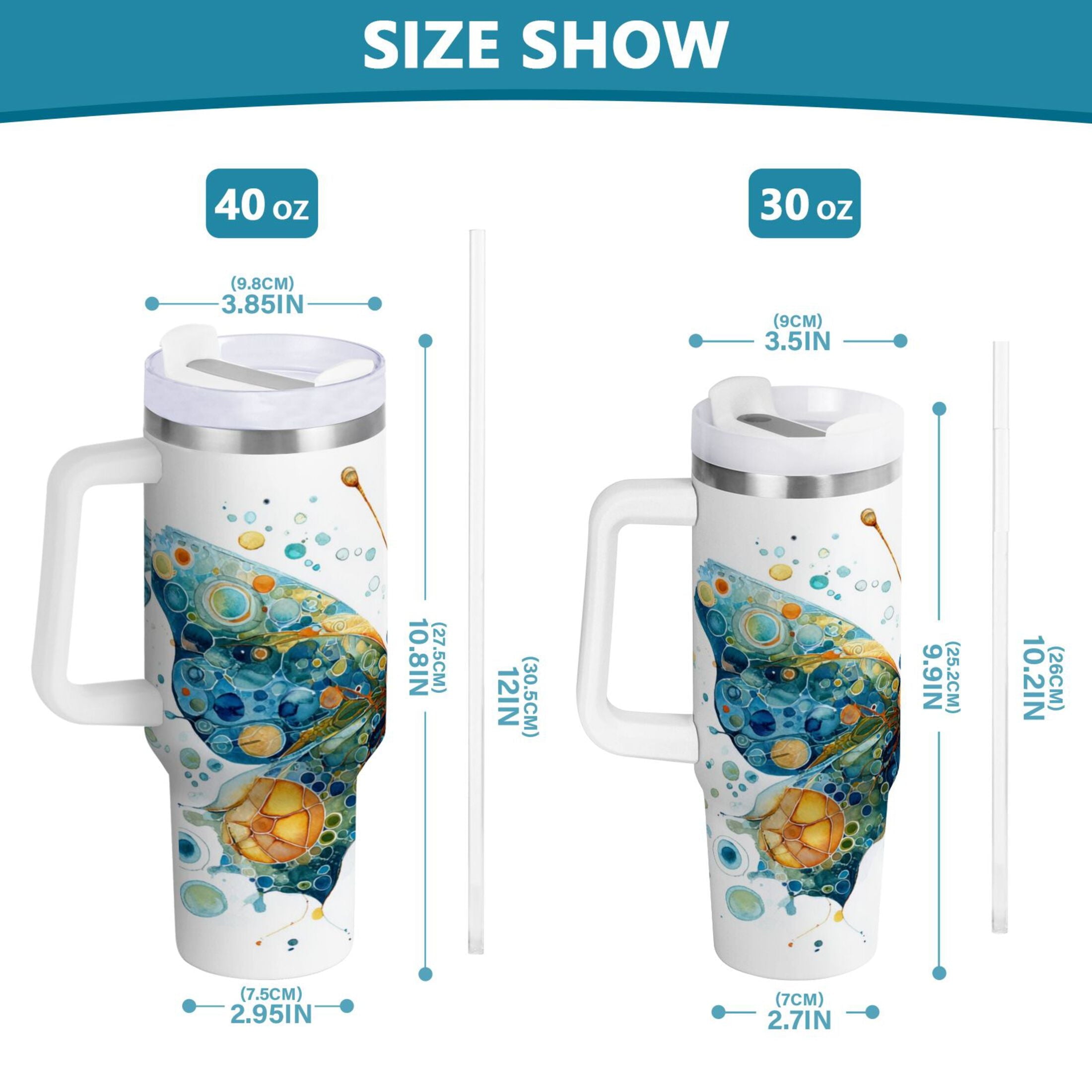 40 oz Insulated Stainless Steel Tumbler Double Wall Stainless Steel Tumbler with 2-Way Drinking Intricately Butterfly ODVB