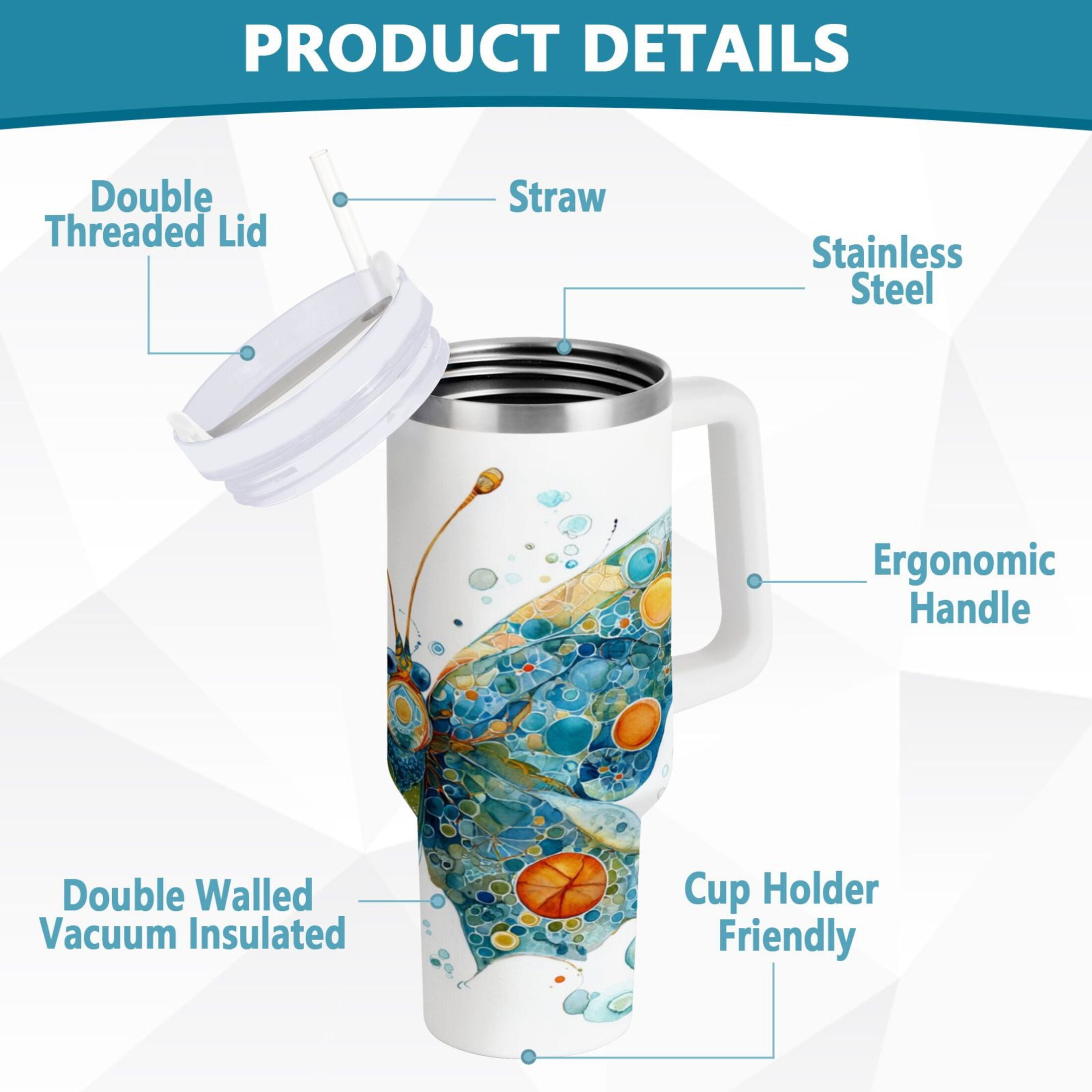 40 oz Insulated Stainless Steel Tumbler Double Wall Stainless Steel Tumbler with 2-Way Drinking Intricately Butterfly ODVB