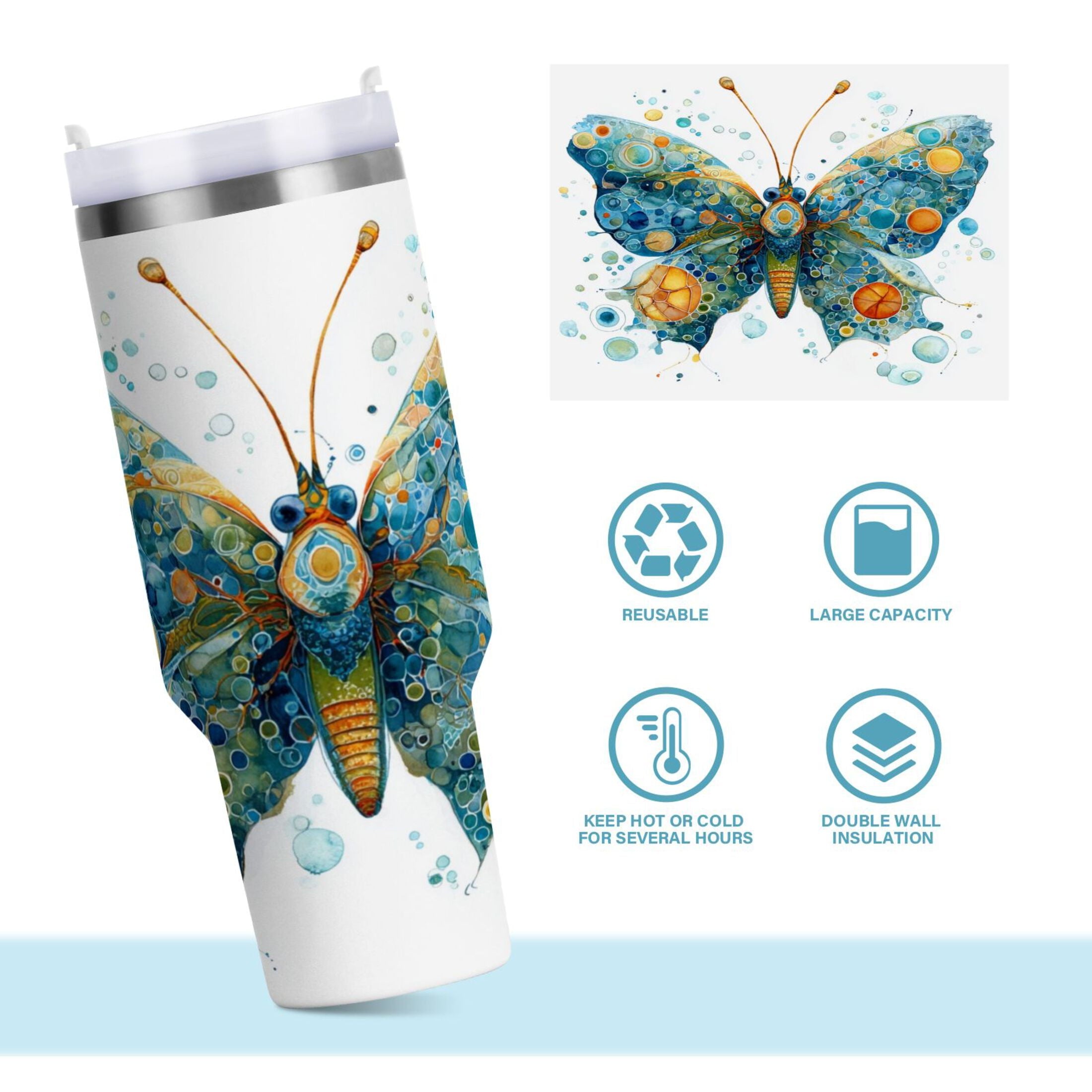 40 oz Insulated Stainless Steel Tumbler Double Wall Stainless Steel Tumbler with 2-Way Drinking Intricately Butterfly ODVB