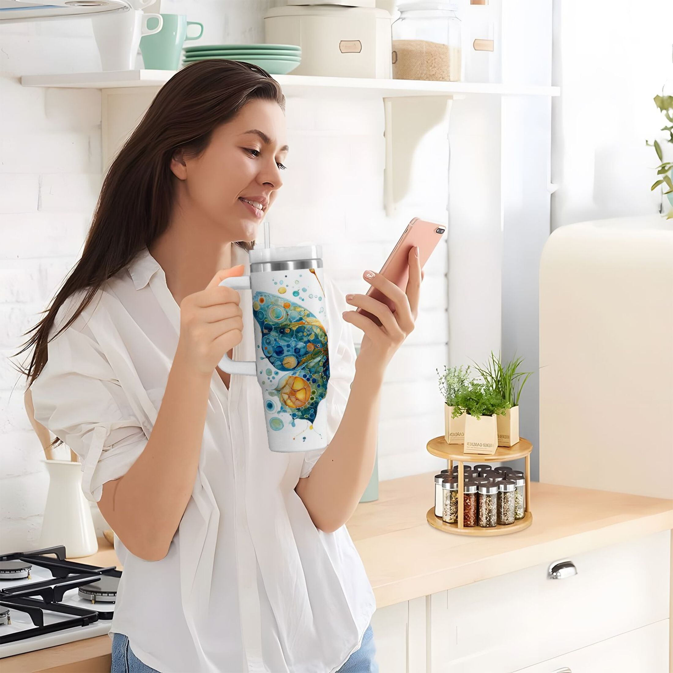 40 oz Insulated Stainless Steel Tumbler Double Wall Stainless Steel Tumbler with 2-Way Drinking Intricately Butterfly ODVB