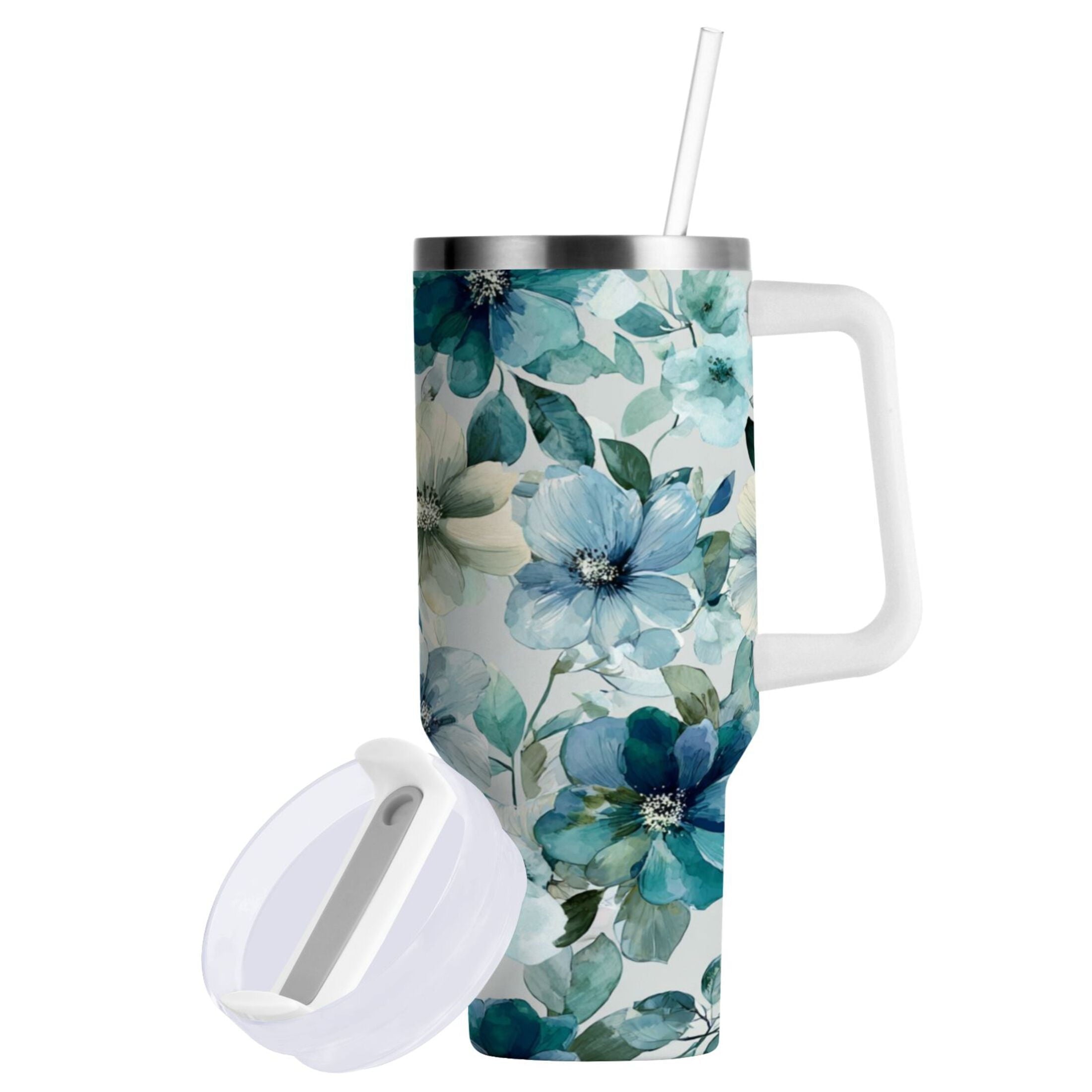 30 oz Insulated Stainless Steel Tumbler Double Wall Stainless Steel Tumbler with 2-Way Drinking Blue and Green Flowers L8T4