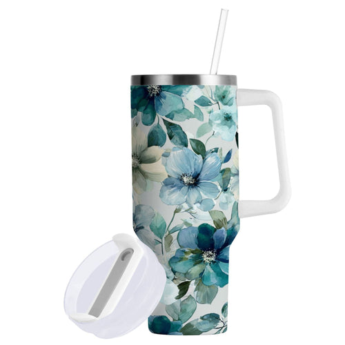 30 oz Insulated Stainless Steel Tumbler Double Wall Stainless Steel Tumbler with 2-Way Drinking Blue and Green Flowers L8T4