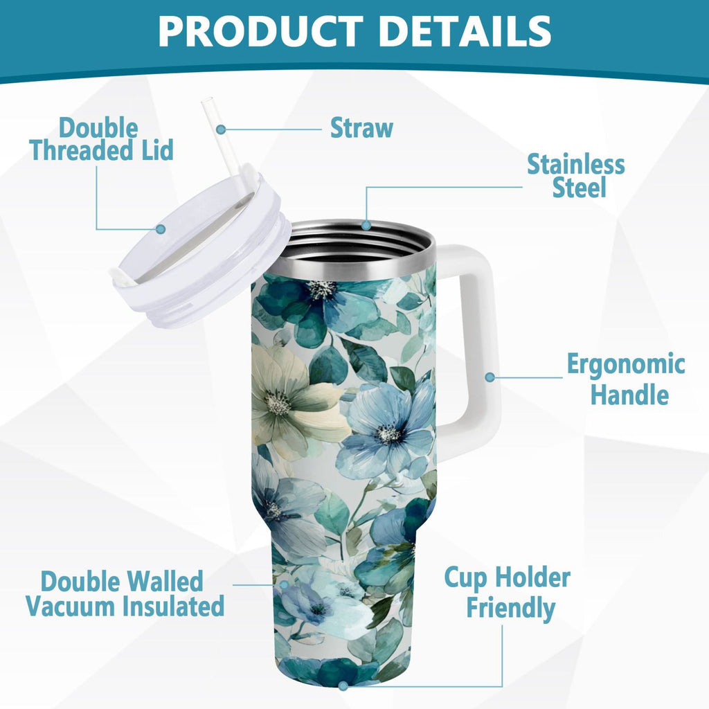 30 oz Insulated Stainless Steel Tumbler Double Wall Stainless Steel Tumbler with 2-Way Drinking Blue and Green Flowers L8T4