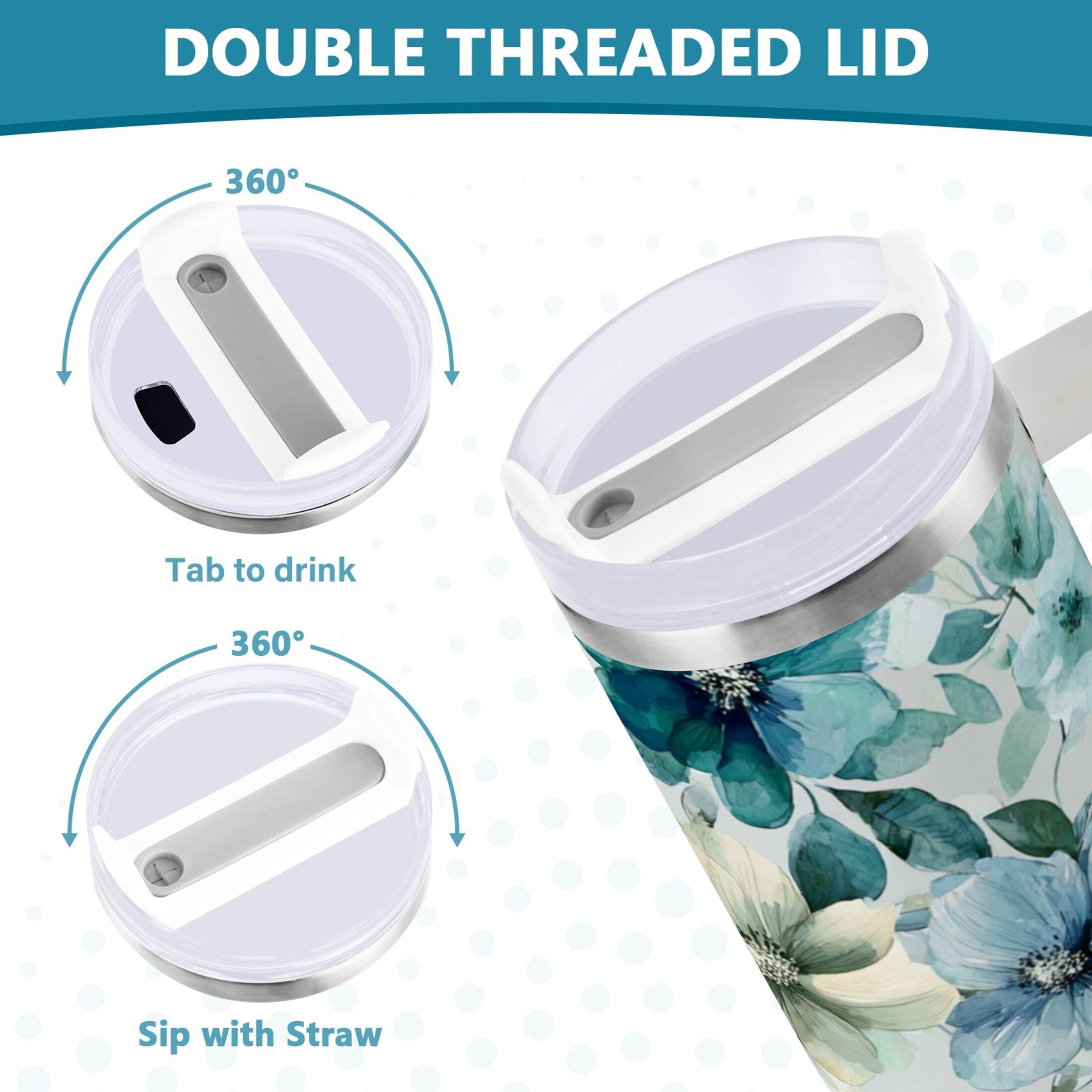 30 oz Insulated Stainless Steel Tumbler Double Wall Stainless Steel Tumbler with 2-Way Drinking Blue and Green Flowers L8T4