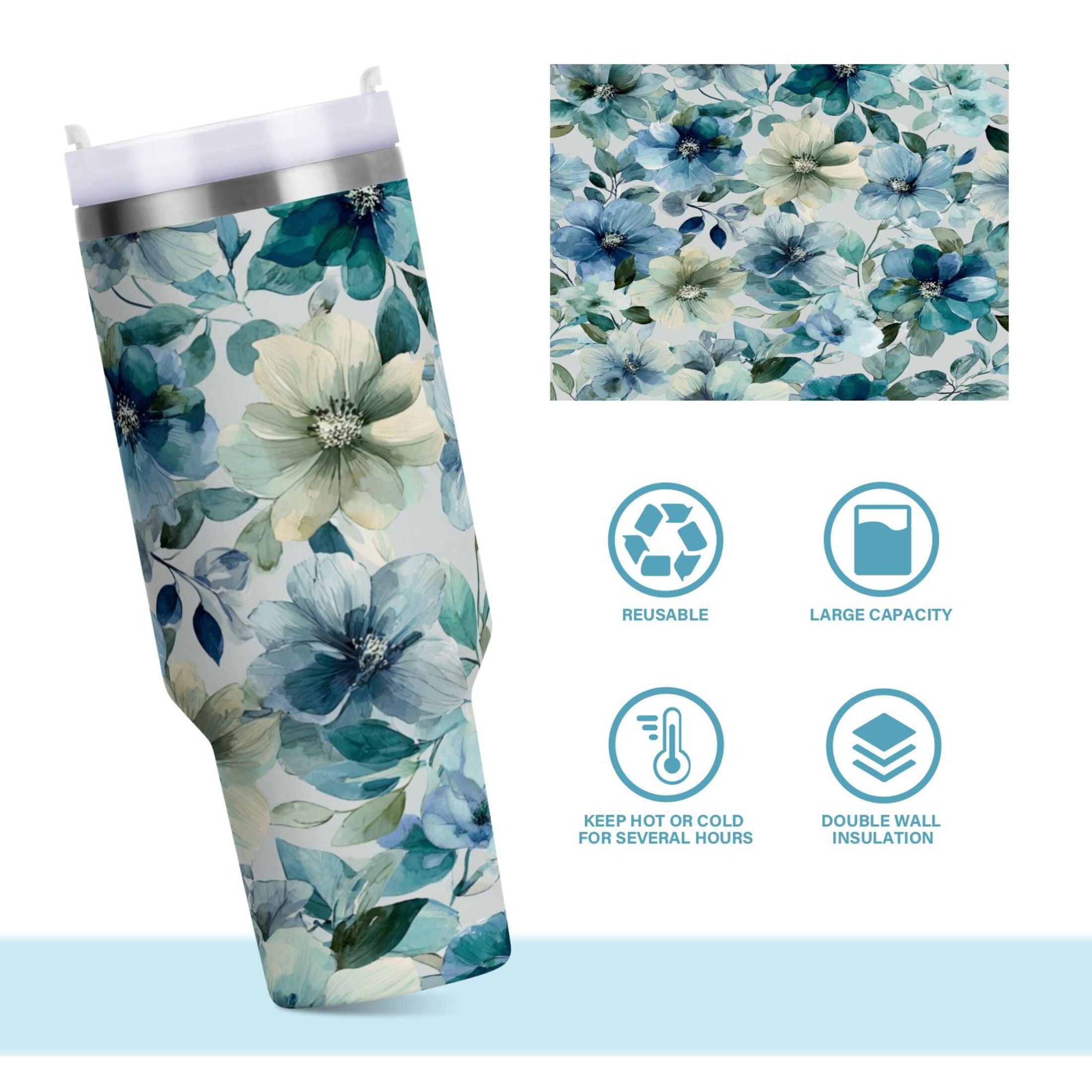 30 oz Insulated Stainless Steel Tumbler Double Wall Stainless Steel Tumbler with 2-Way Drinking Blue and Green Flowers L8T4