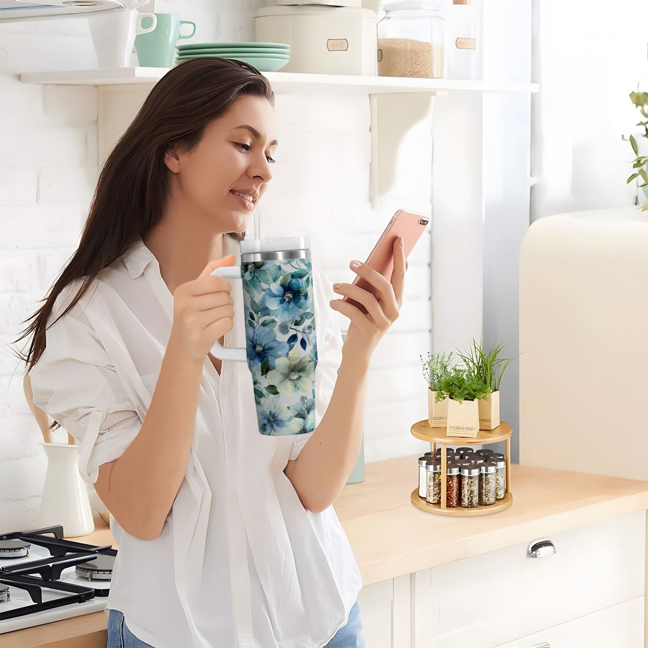 30 oz Insulated Stainless Steel Tumbler Double Wall Stainless Steel Tumbler with 2-Way Drinking Blue and Green Flowers L8T4