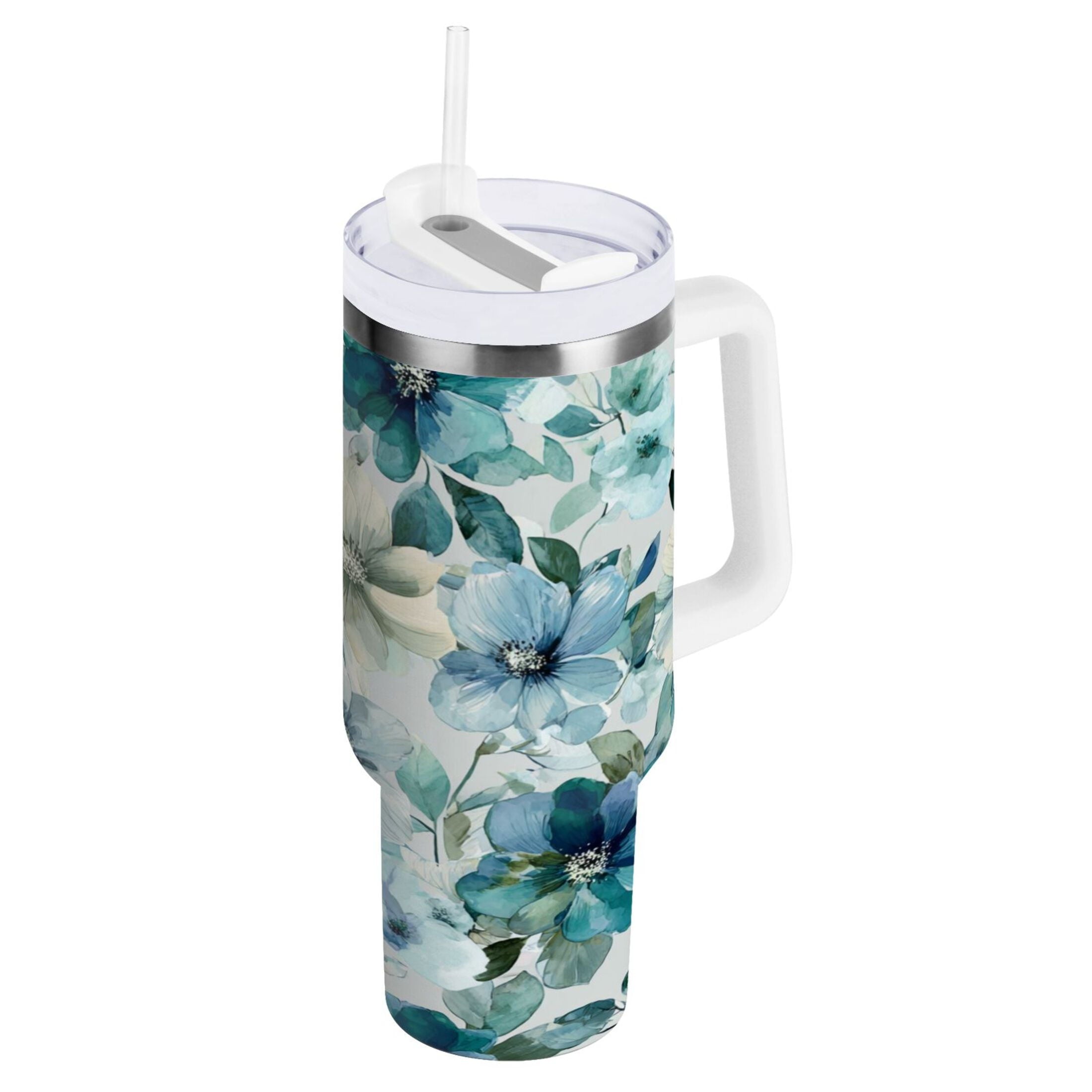30 oz Insulated Stainless Steel Tumbler Double Wall Stainless Steel Tumbler with 2-Way Drinking Blue and Green Flowers L8T4