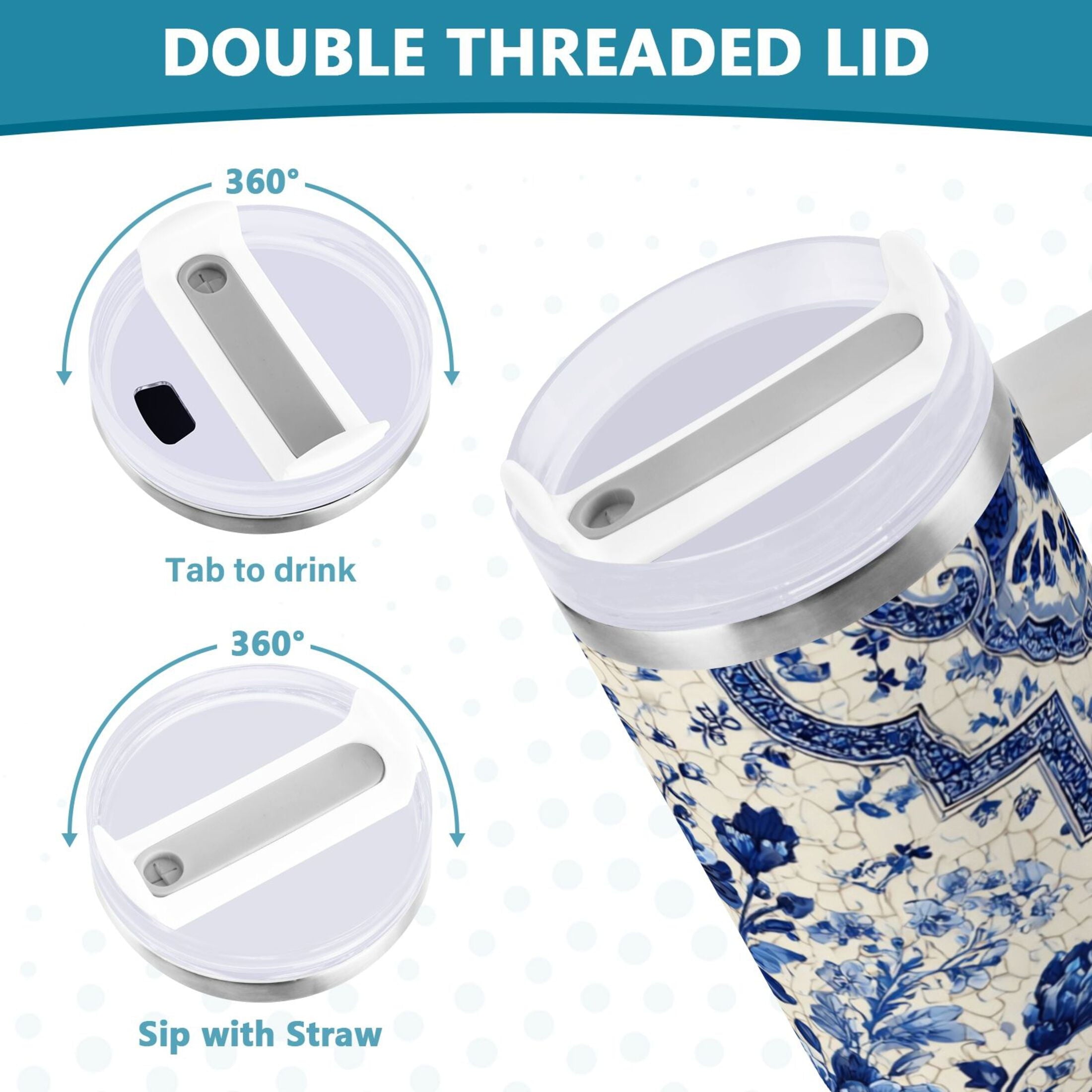 30 oz Insulated Stainless Steel Tumbler Double Wall Stainless Steel Tumbler with 2-Way Drinking Blue and White Porcelain-style 6G14