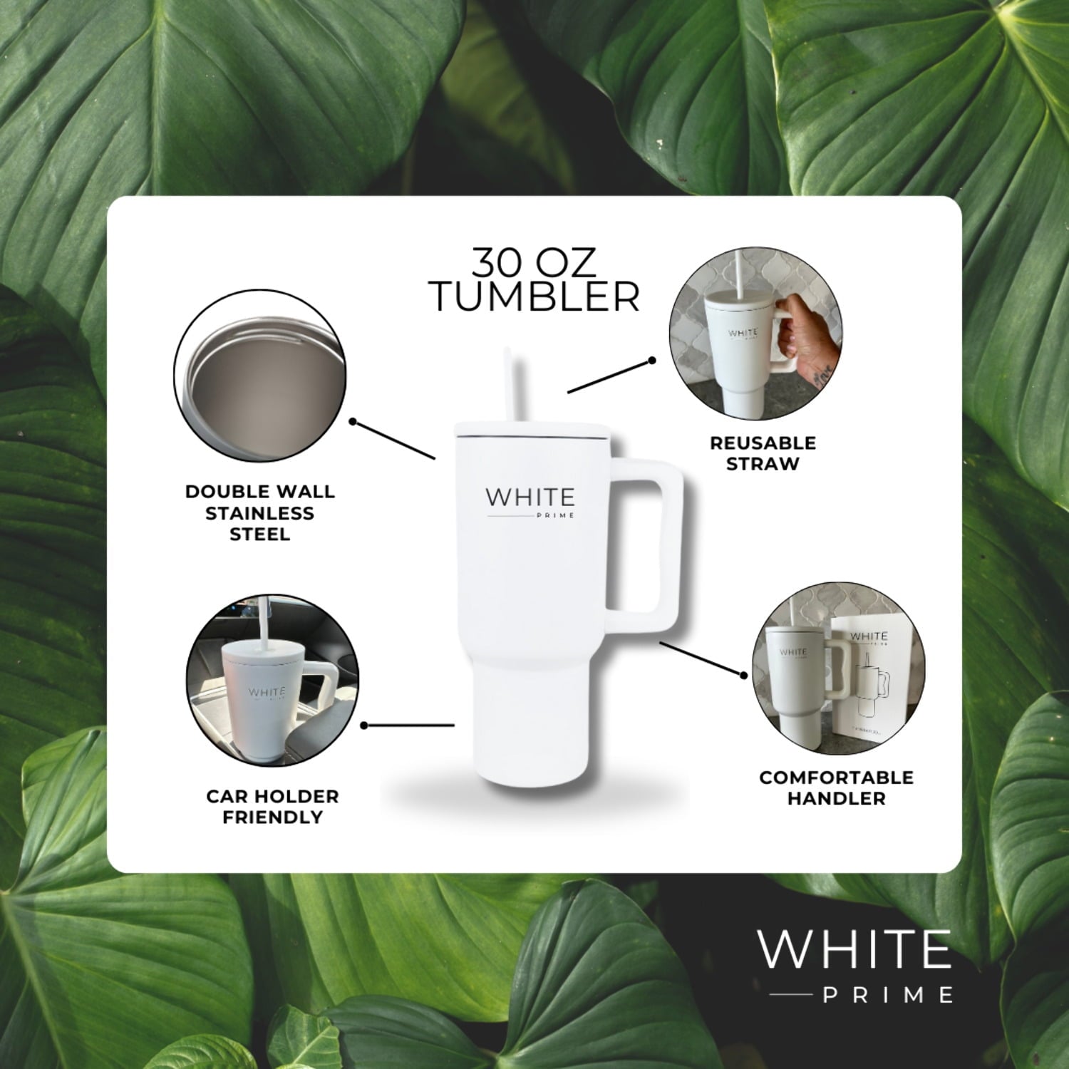 Tumbler 30 oz – Stainless Steel Cup with Handle and Lid | White Prime 2KM4