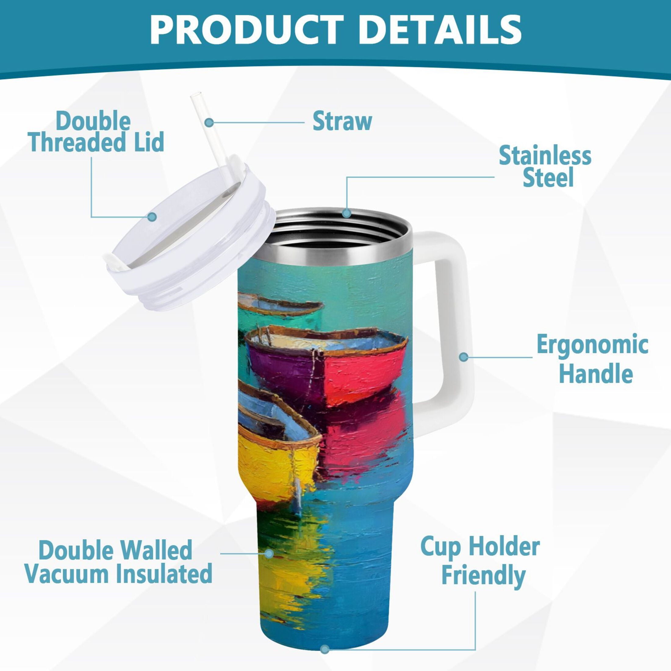 30 oz Insulated Stainless Steel Tumbler Double Wall Stainless Steel Tumbler with 2-Way Drinking Colorful Row Boats O5UI
