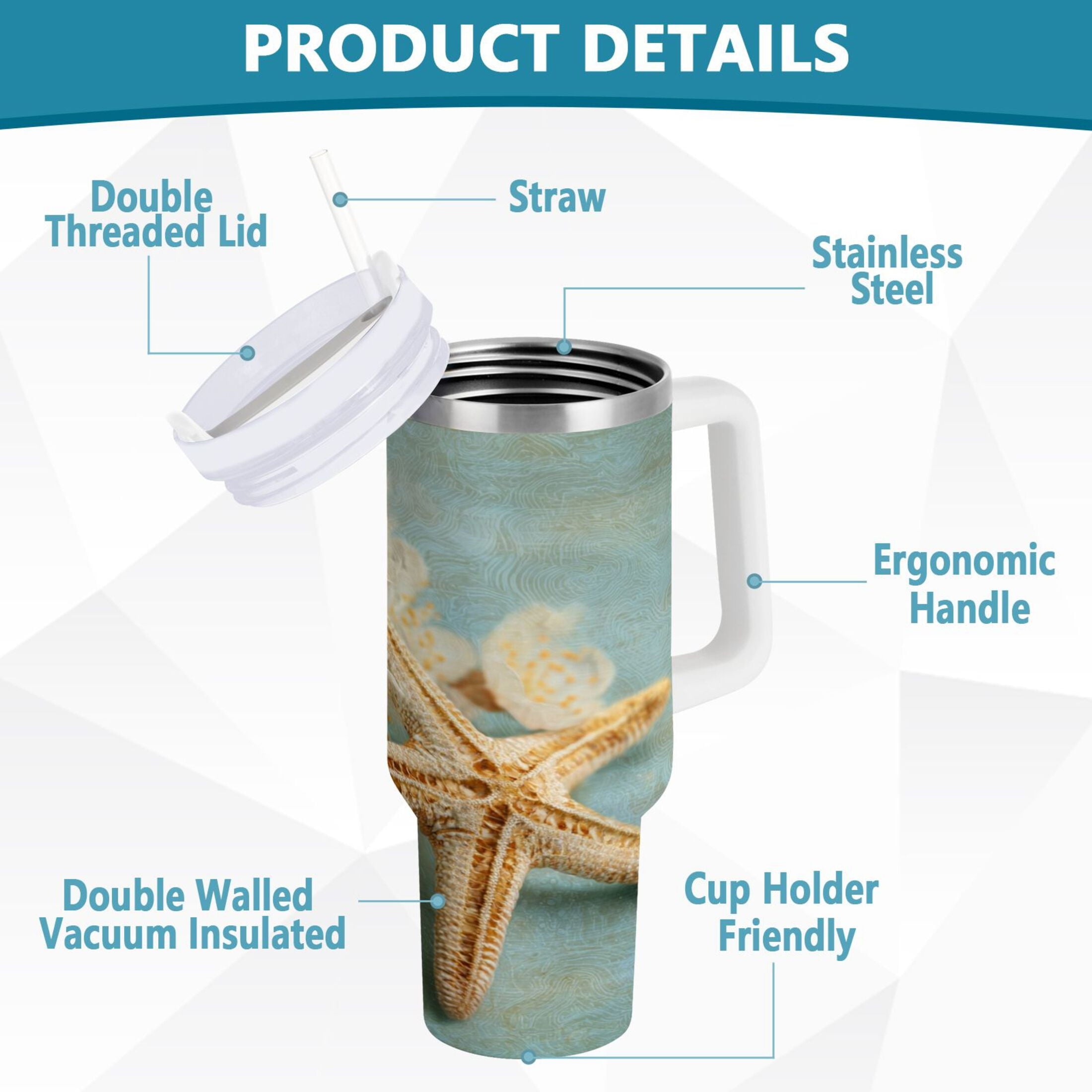 30 oz Insulated Stainless Steel Tumbler Double Wall Stainless Steel Tumbler with 2-Way Drinking Starfish with Flowers XGYH