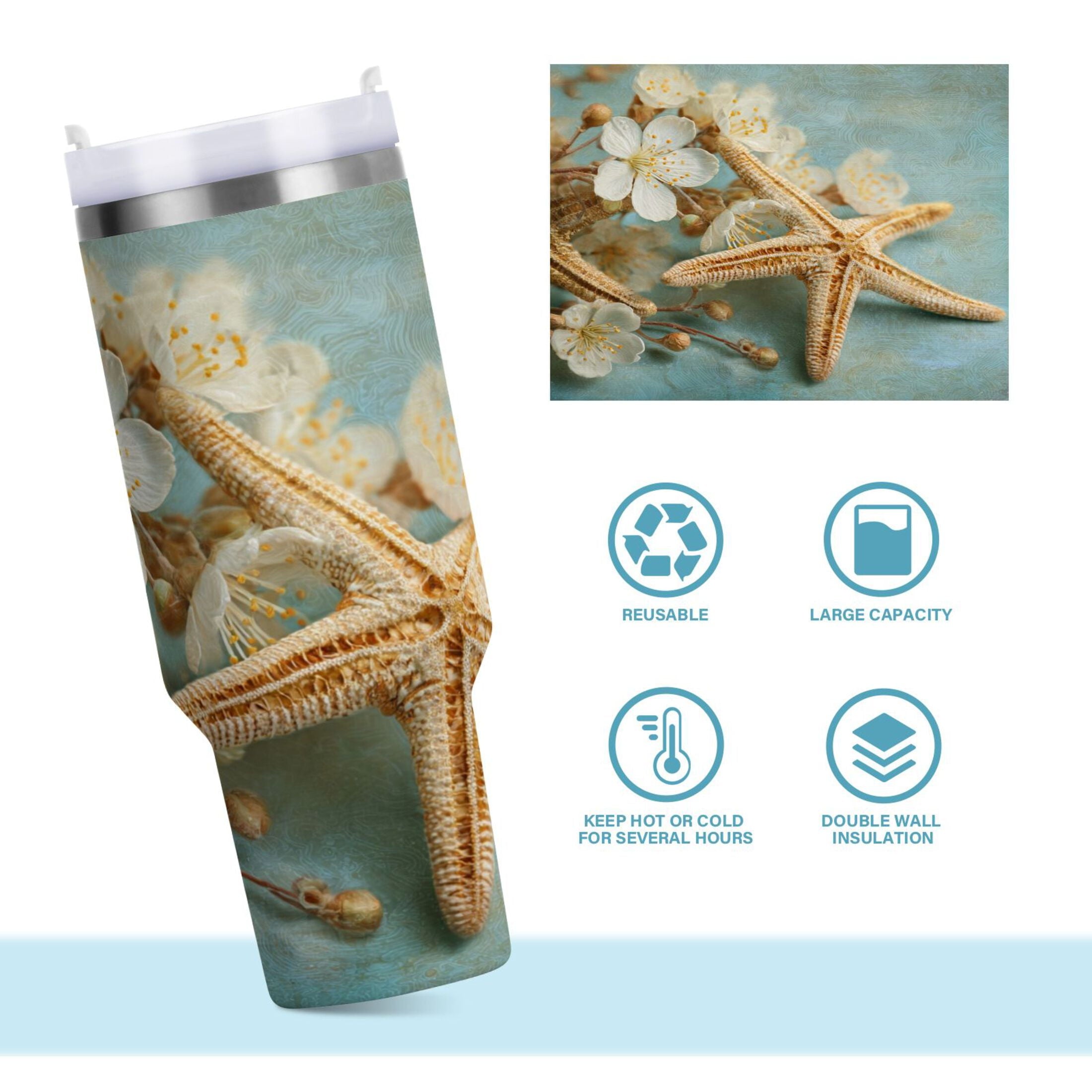 30 oz Insulated Stainless Steel Tumbler Double Wall Stainless Steel Tumbler with 2-Way Drinking Starfish with Flowers XGYH