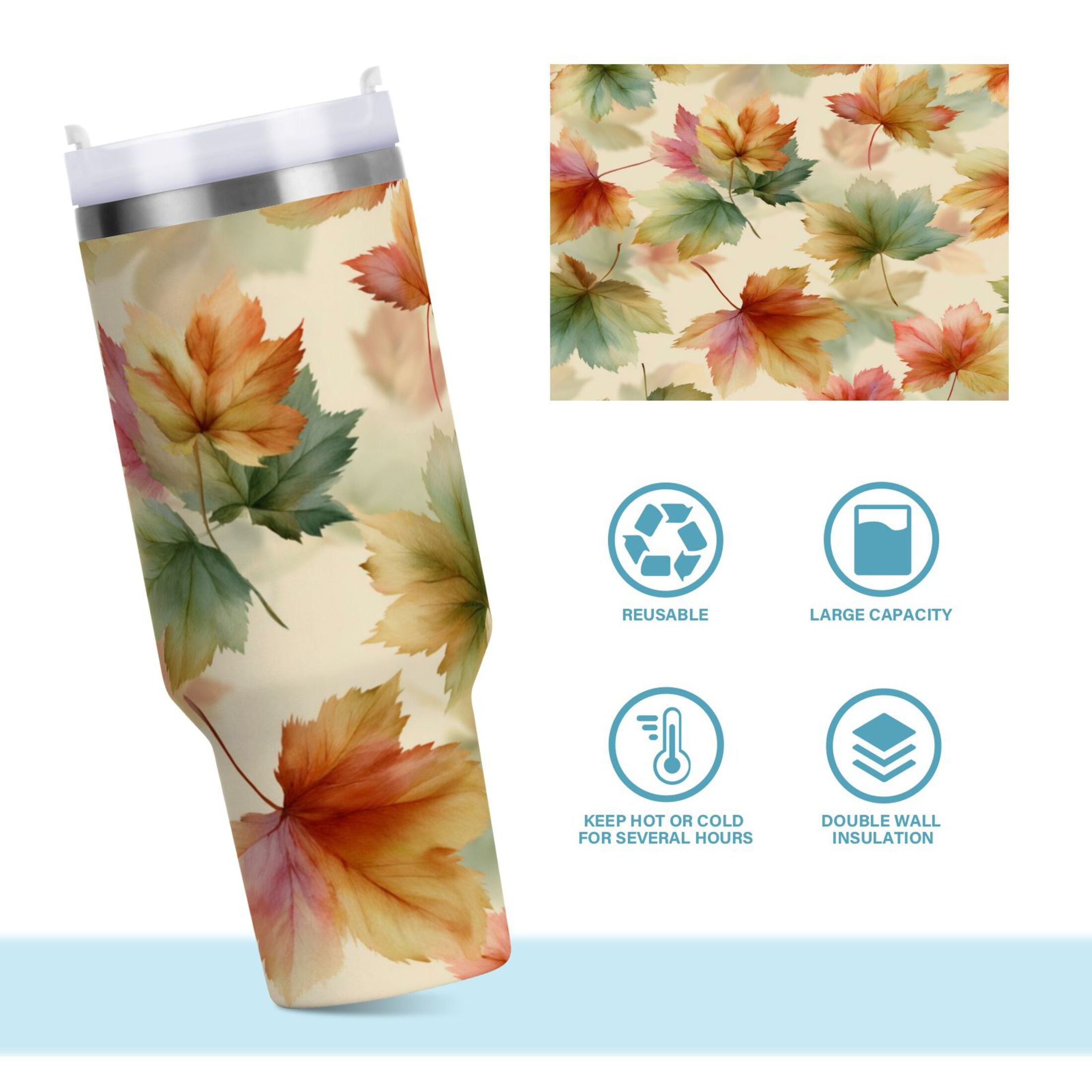 40 oz Insulated Stainless Steel Tumbler Double Wall Stainless Steel Tumbler with 2-Way Drinking Watercolor Maple Leaves Pattern 957M
