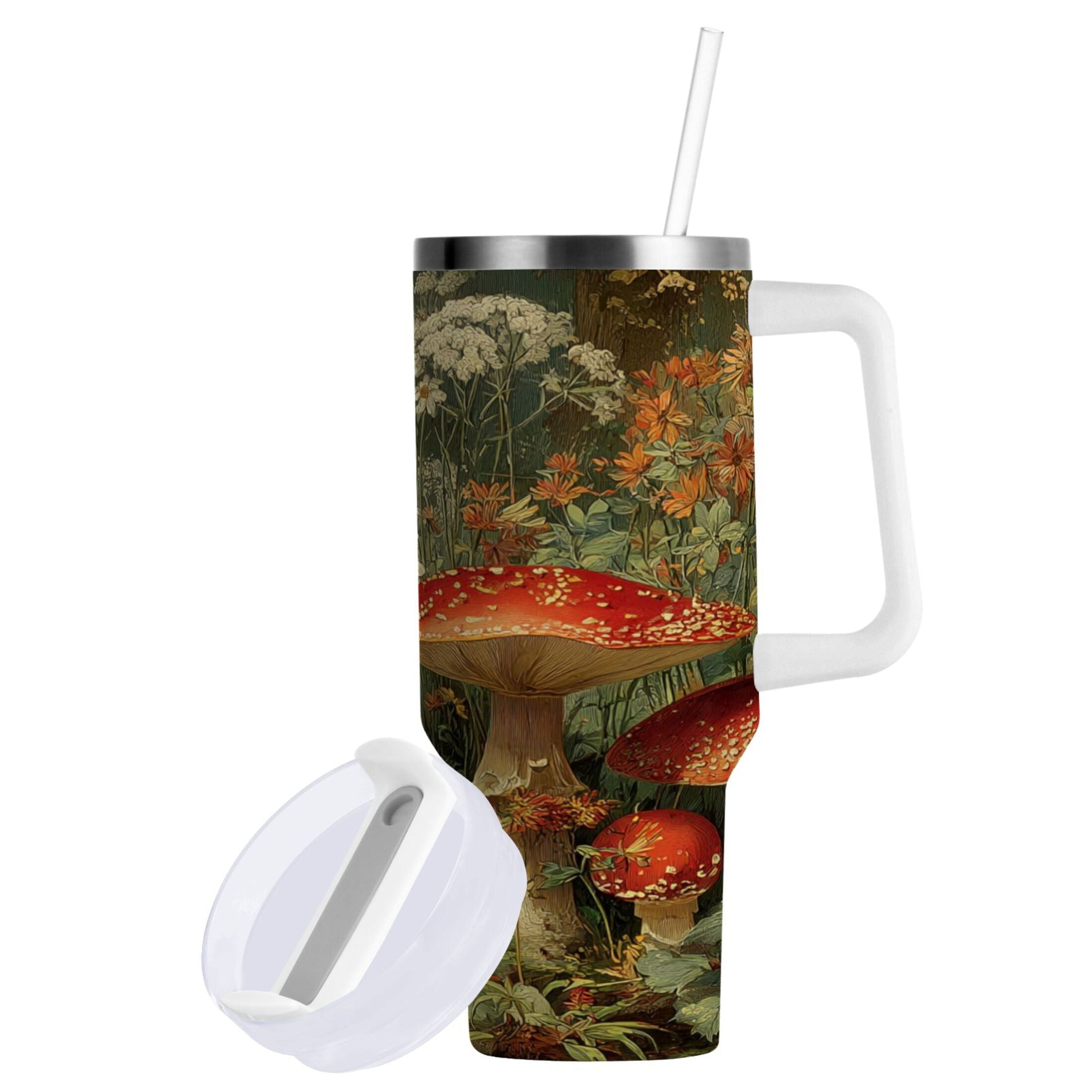 40 oz Insulated Stainless Steel Tumbler Double Wall Stainless Steel Tumbler with 2-Way Drinking Red Mushrooms 6D5T