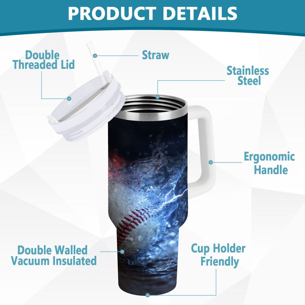40 oz Insulated Stainless Steel Tumbler Double Wall Stainless Steel Tumbler with 2-Way Drinking Baseball with Water and Fire 7KTT