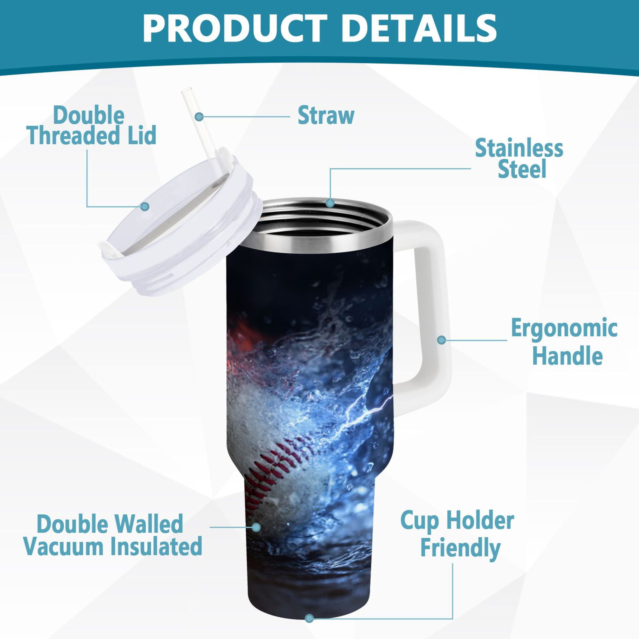 40 oz Insulated Stainless Steel Tumbler Double Wall Stainless Steel Tumbler with 2-Way Drinking Baseball with Water and Fire 7KTT