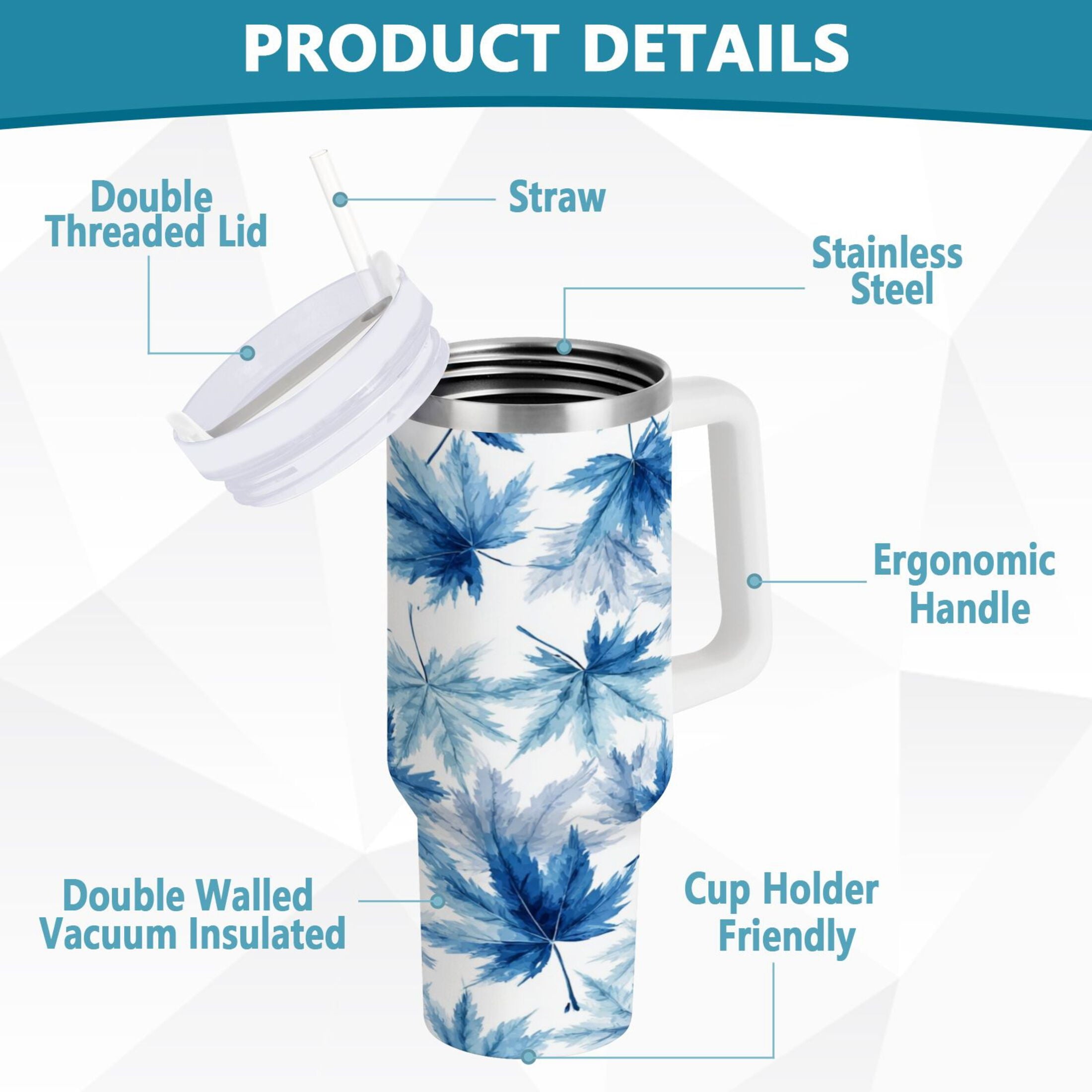 30 oz Insulated Stainless Steel Tumbler Double Wall Stainless Steel Tumbler with 2-Way Drinking Abstract Blue Maple Leaves HPXS