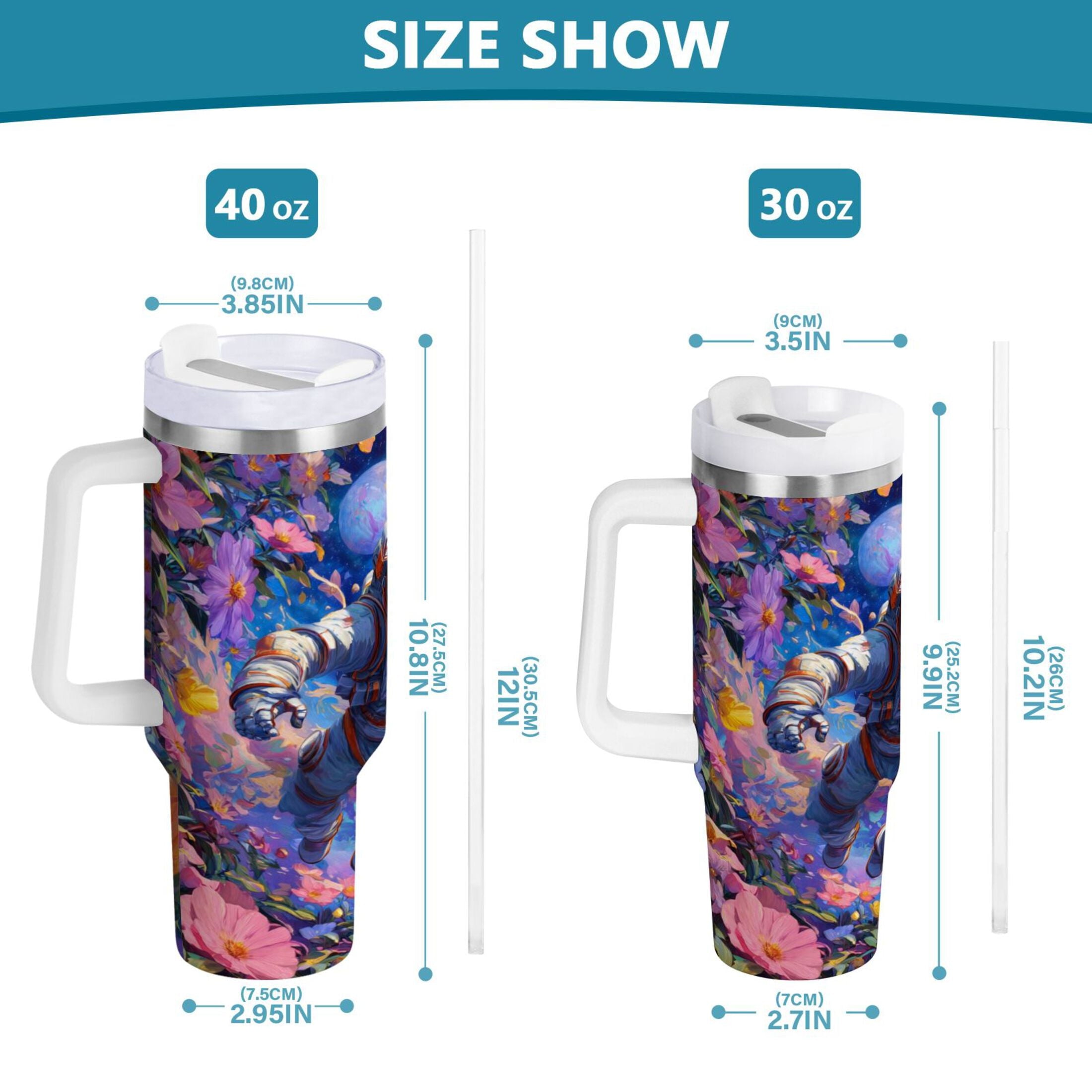40 oz Insulated Stainless Steel Tumbler Double Wall Stainless Steel Tumbler with 2-Way Drinking Astronaut and Colorful Flowers YQOR
