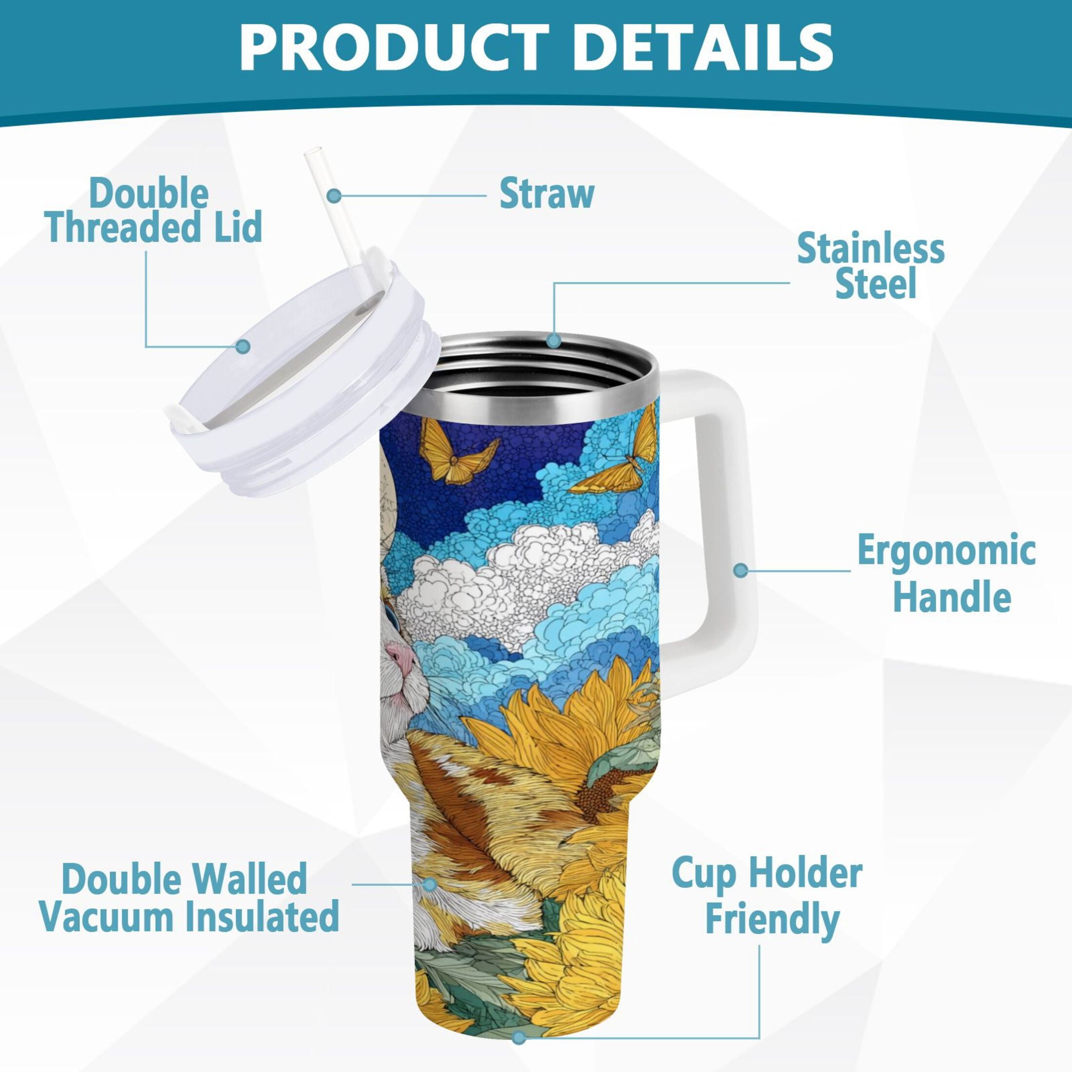 40 oz Insulated Stainless Steel Tumbler Double Wall Stainless Steel Tumbler with 2-Way Drinking Cat Lies in The Sunflowers RTSI