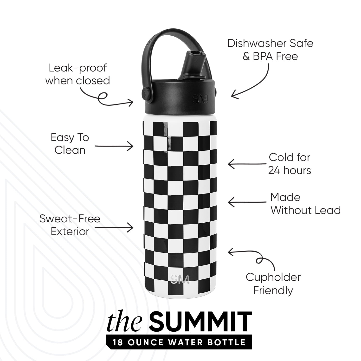 Simple Modern 18 fl oz Insulated Stainless Steel Summit Wide Mouth Water Bottle with Handle and Straw Lid|Black and White Checkmate IYLV