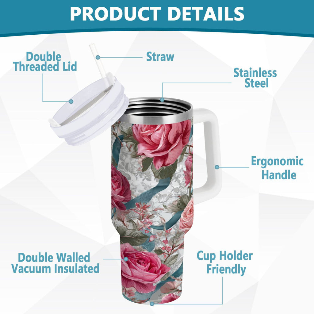30 oz Insulated Stainless Steel Tumbler Double Wall Stainless Steel Tumbler with 2-Way Drinking Roses and Ribbons R2S9