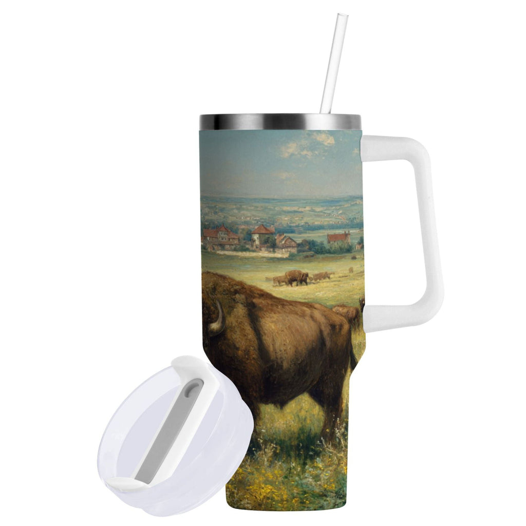 30 oz Insulated Stainless Steel Tumbler Double Wall Stainless Steel Tumbler with 2-Way Drinking Buffalo Herd Oil Painting FERM