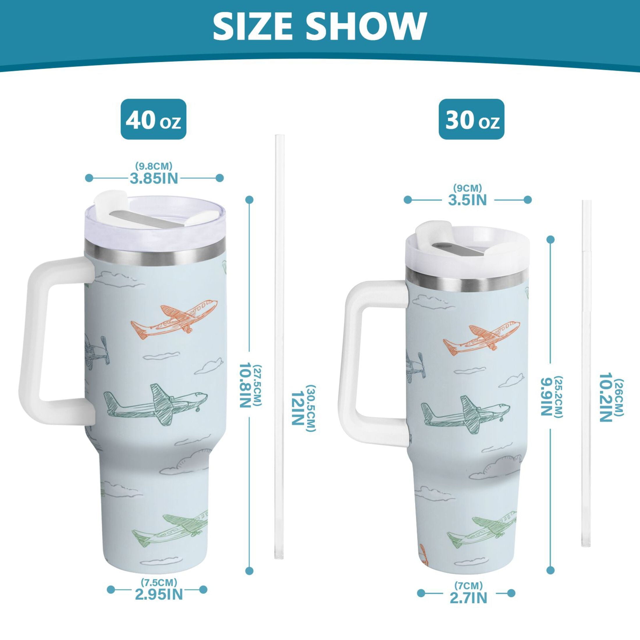 30 oz Insulated Stainless Steel Tumbler Double Wall Stainless Steel Tumbler with 2-Way Drinking Pastel Doodle Airplanes 1WDE
