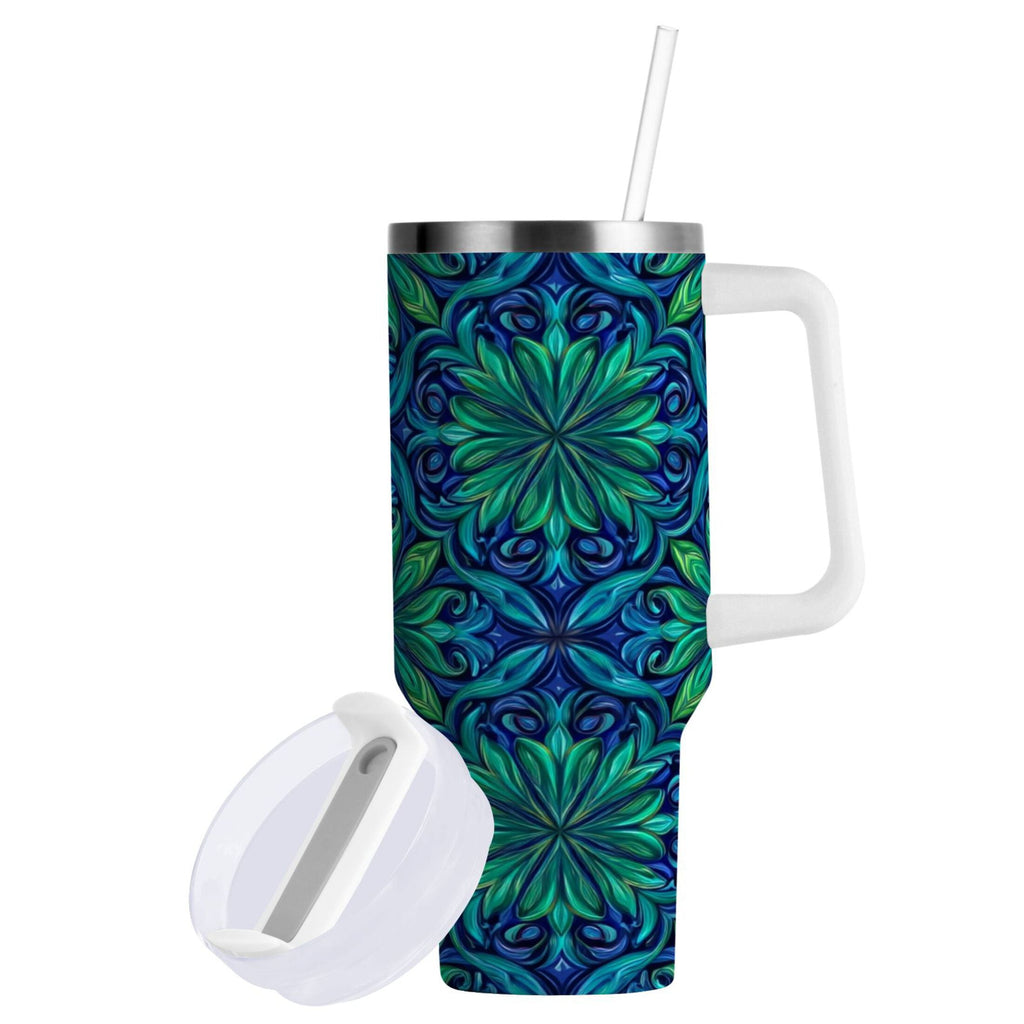 40 oz Insulated Stainless Steel Tumbler Double Wall Stainless Steel Tumbler with 2-Way Drinking Elegant Blue Traditional Patterns 7DF5