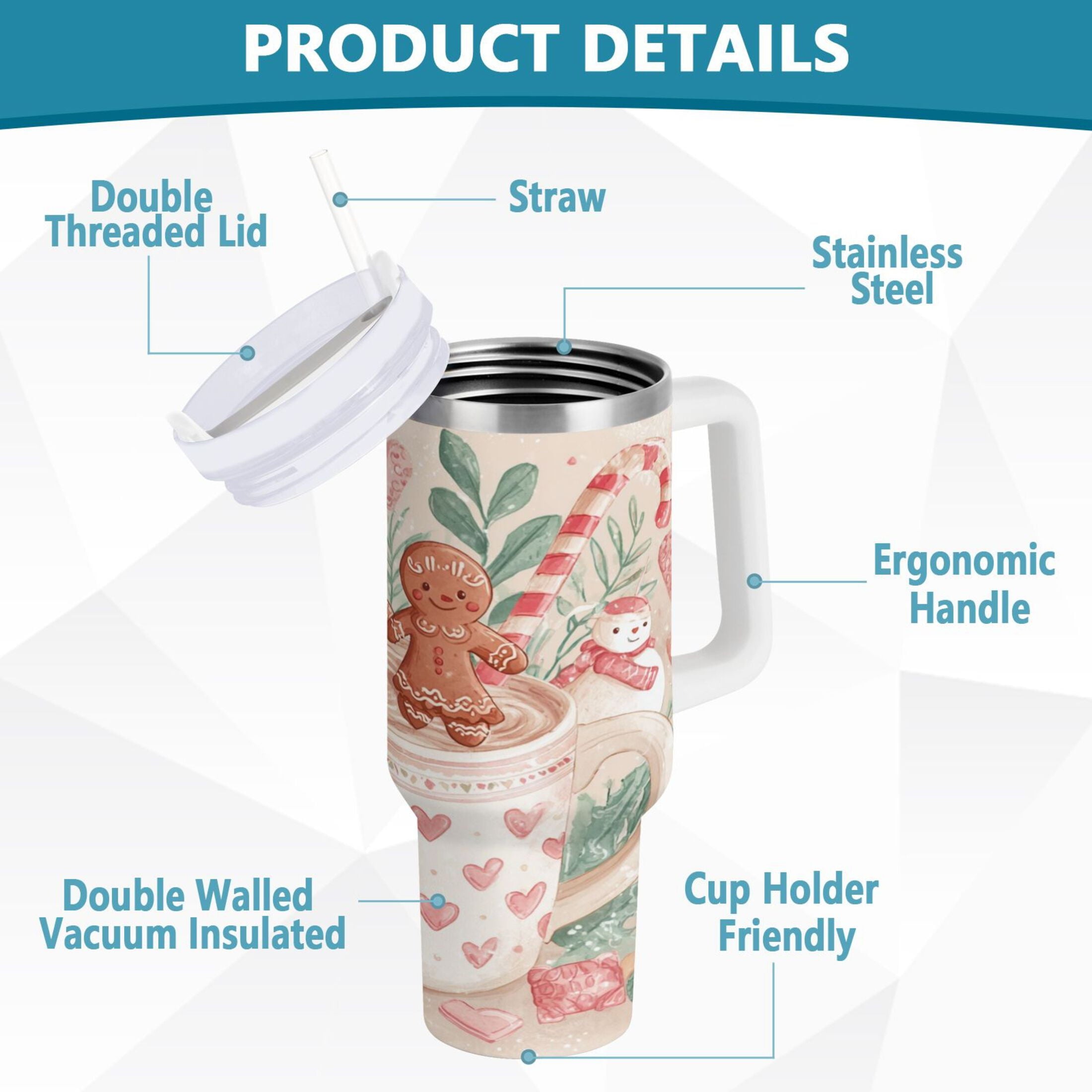 30 oz Insulated Stainless Steel Tumbler Double Wall Stainless Steel Tumbler with 2-Way Drinking Cute Christmas Design WPIA