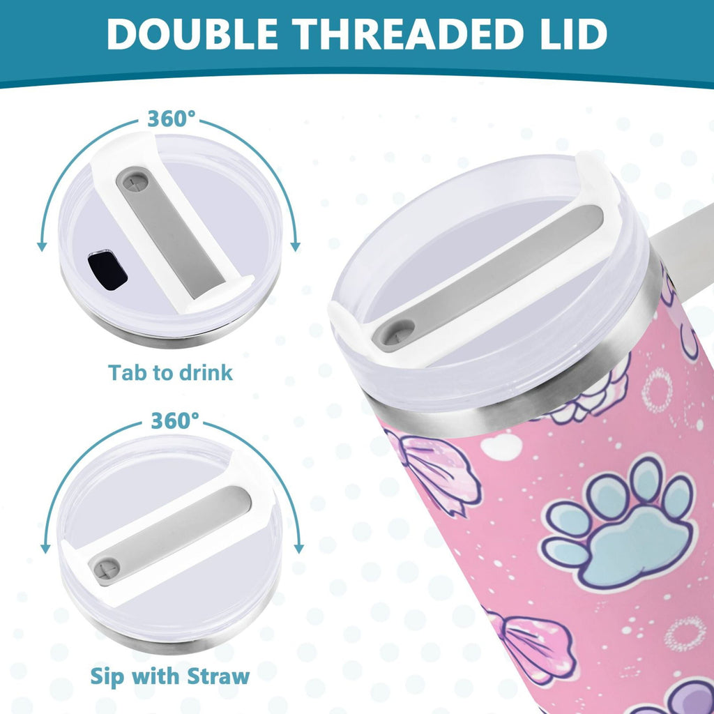 30 oz Insulated Stainless Steel Tumbler Double Wall Stainless Steel Tumbler with 2-Way Drinking Dog Paw Prints and Bows 8OH8