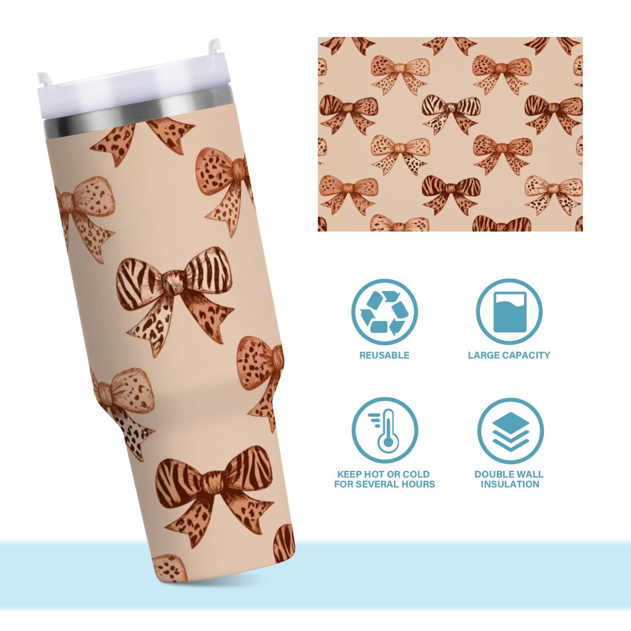 40 oz Insulated Stainless Steel Tumbler Double Wall Stainless Steel Tumbler with 2-Way Drinking Leopard Print Bow 6MEA
