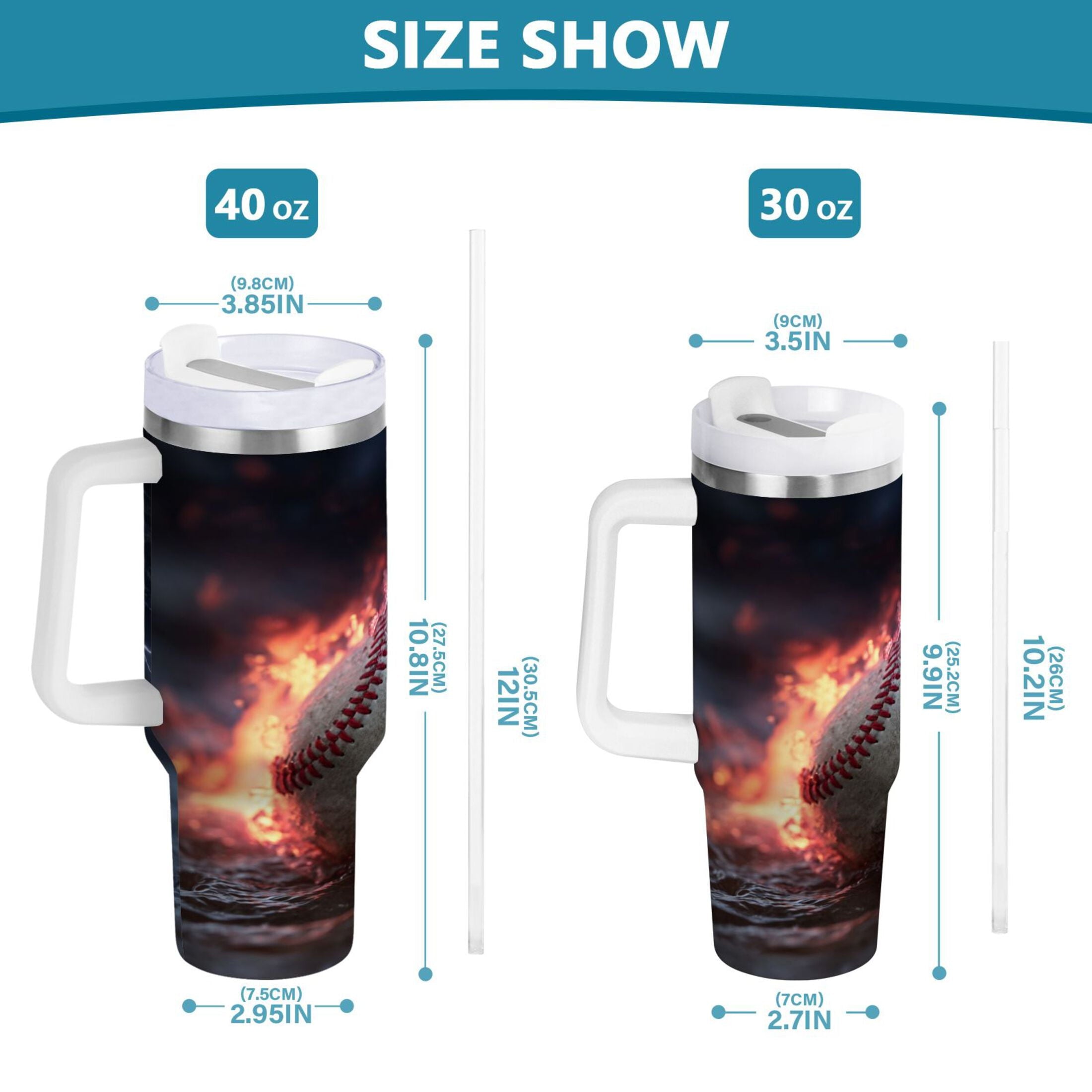 40 oz Insulated Stainless Steel Tumbler Double Wall Stainless Steel Tumbler with 2-Way Drinking Baseball with Water and Fire 7KTT