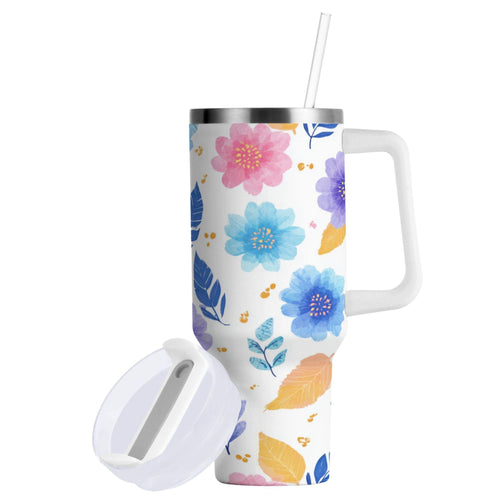 30 oz Insulated Stainless Steel Tumbler Double Wall Stainless Steel Tumbler with 2-Way Drinking Blue and Purple Flowers PV51