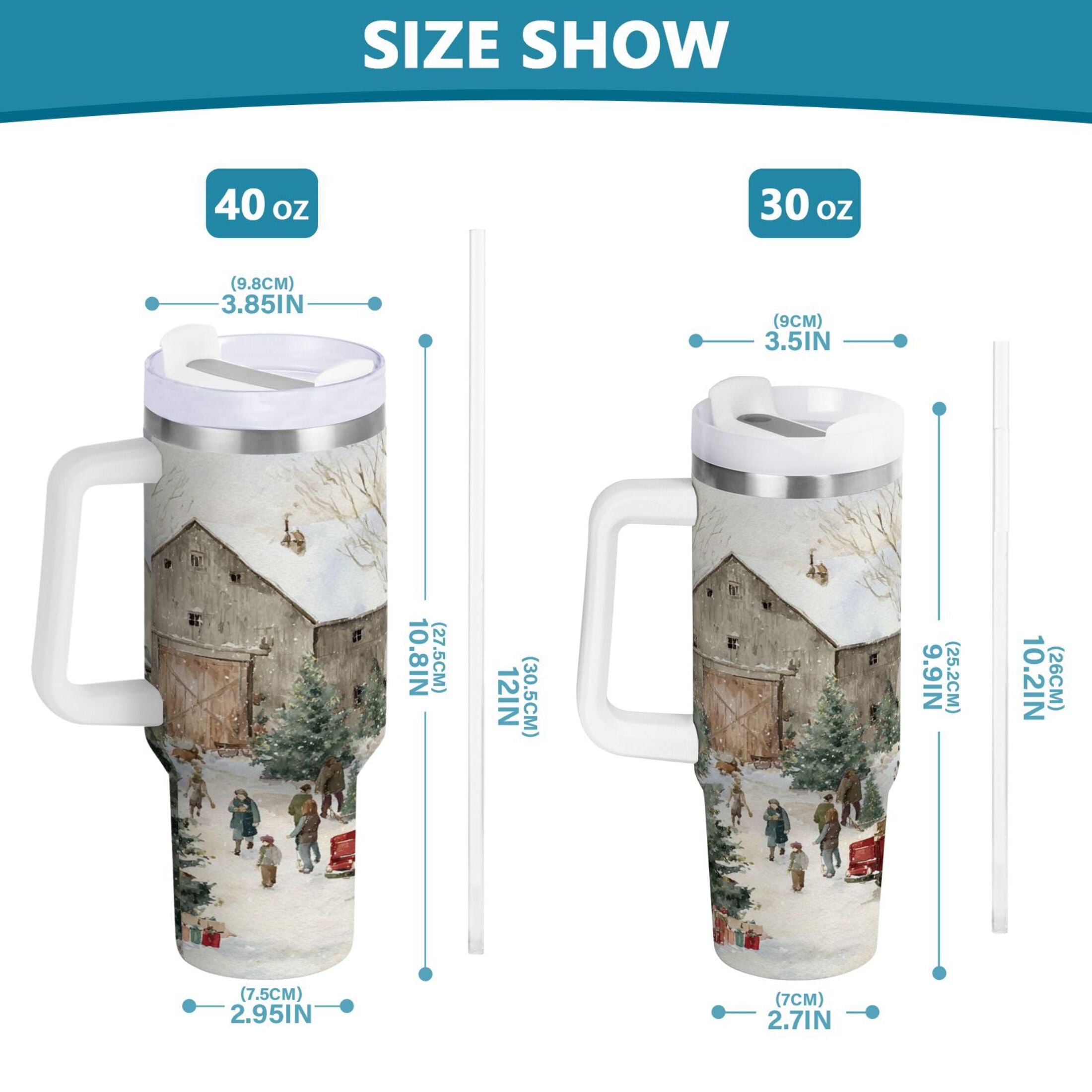 40 oz Insulated Stainless Steel Tumbler Double Wall Stainless Steel Tumbler with 2-Way Drinking Farm Snow Scene T8KK