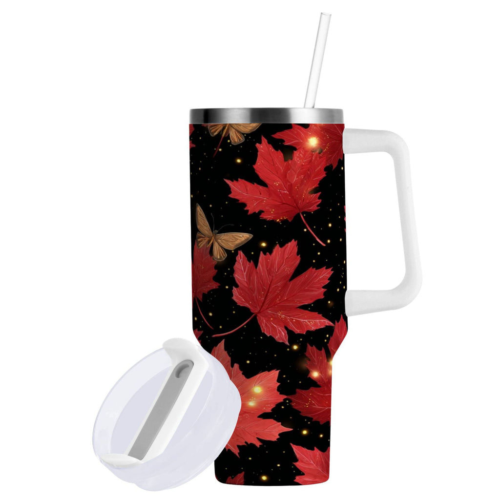40 oz Insulated Stainless Steel Tumbler Double Wall Stainless Steel Tumbler with 2-Way Drinking Maple Leaves and Fireflies SA1A